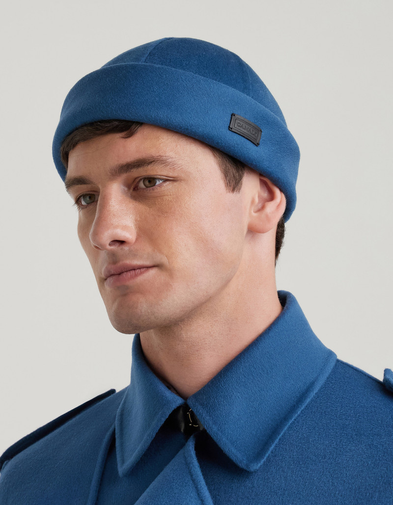 Canali PETROL BLUE BEANIE WITH DOUBLE STITCHING AND LEATHER LOGO TAG outlook