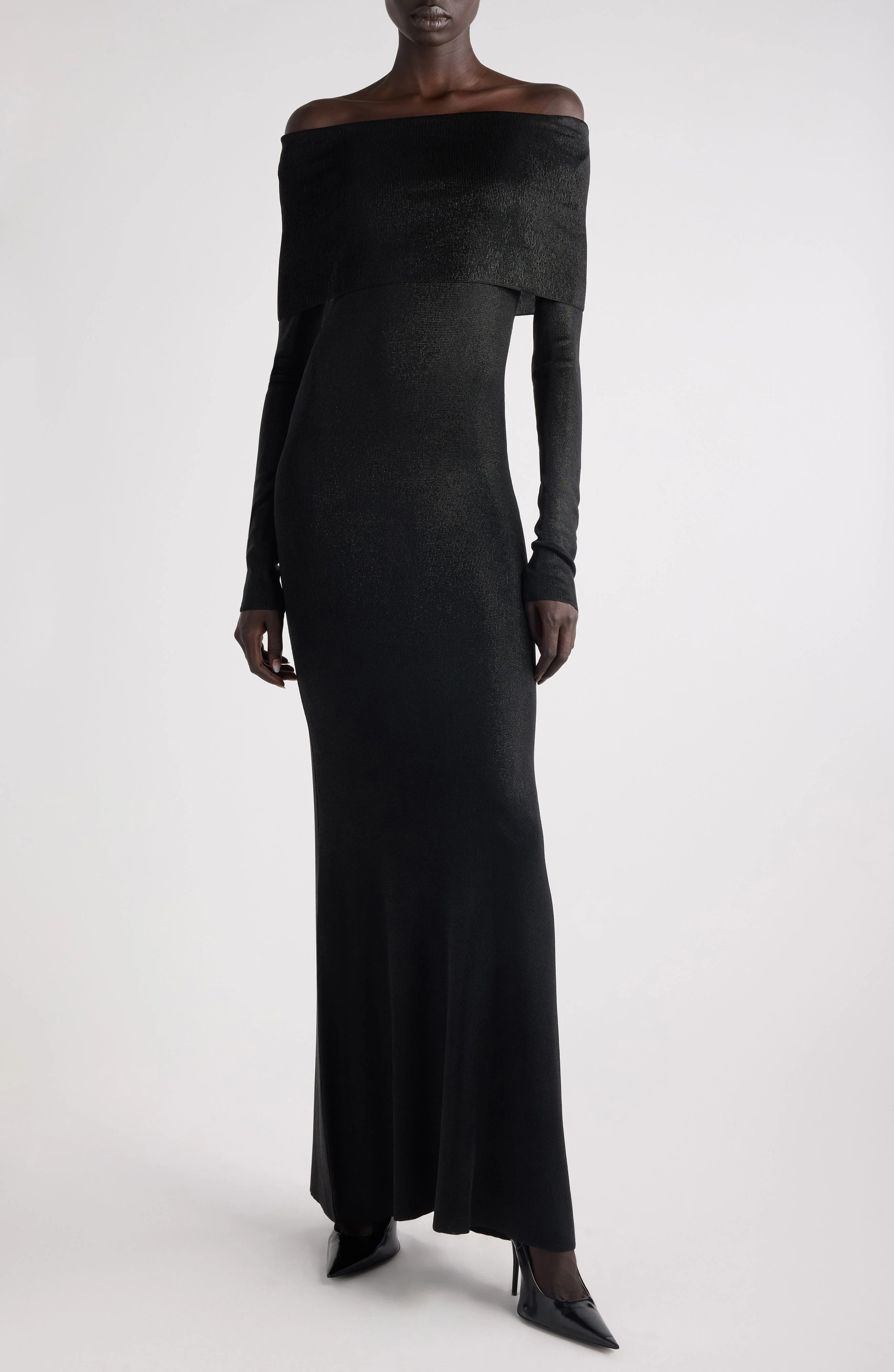 Balenciaga Off the Shoulder Long Sleeve Metallic Knit Maxi Dress in Black at Nordstrom - 1