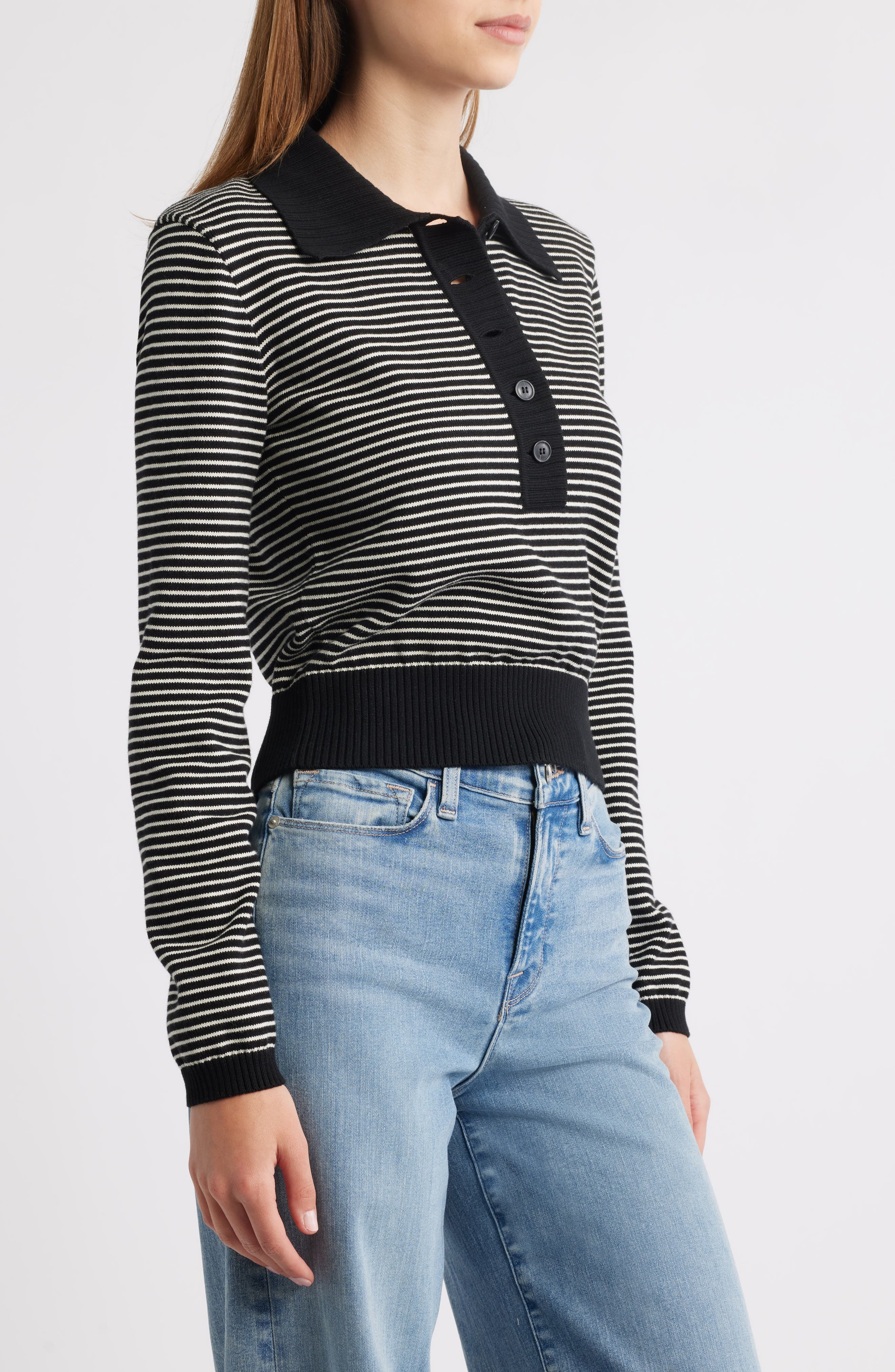 FRAME The Graduate Stripe Cotton Polo Sweater in Black Multi at Nordstrom - 3