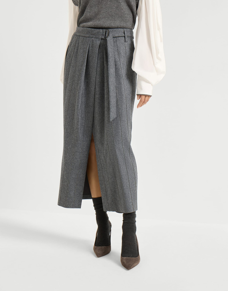 Virgin wool flannel sartorial wrap skirt with shiny Chalk Stripe embroidery 1
