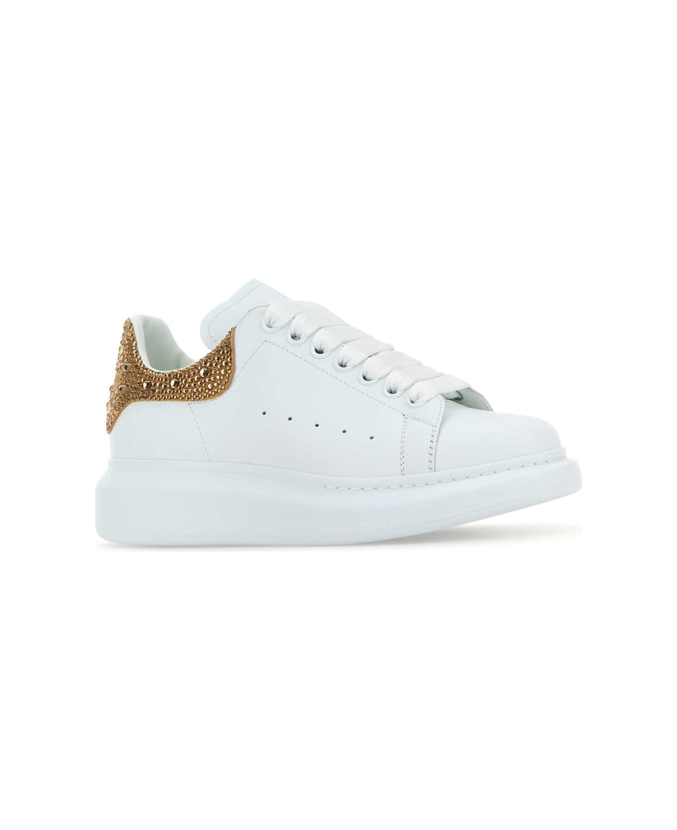White Leather Sneakers With Embellished Suede Heel - 2