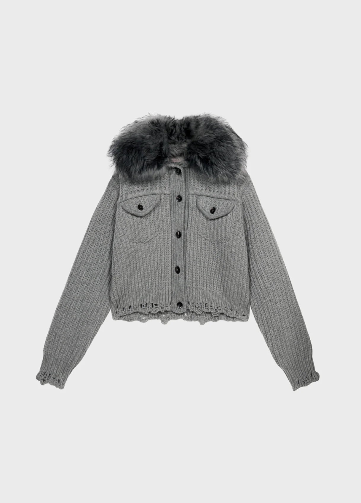 WOOL CARDIGAN WITH FAUX FUR COLLAR - 1