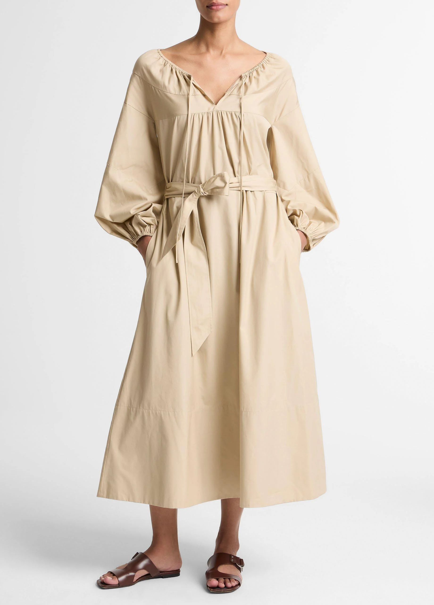 Shirred Cotton Belted Tie-Neck Dress - 1