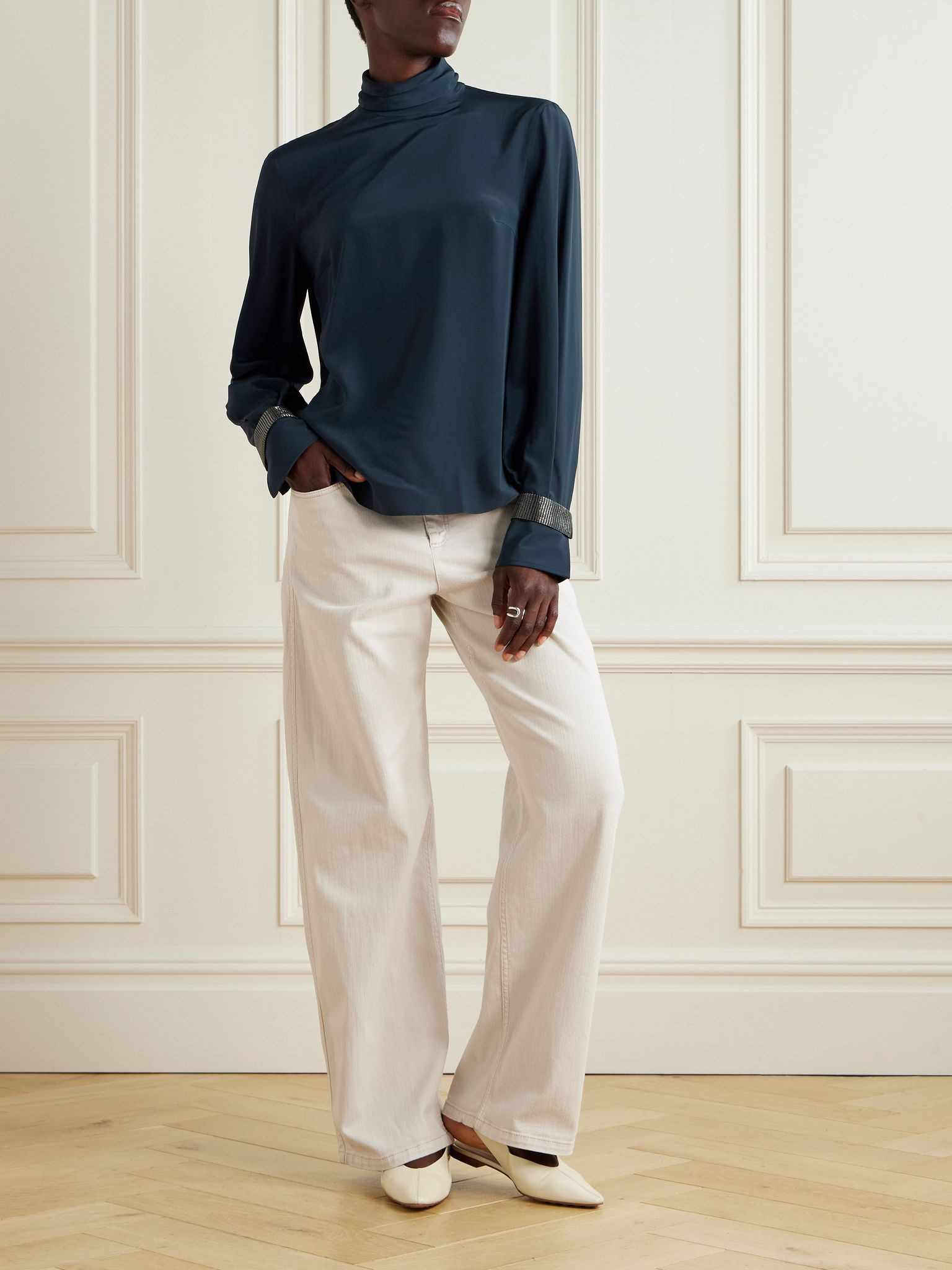Bead-embellished silk crepe de chine turtleneck blouse Navy - 2