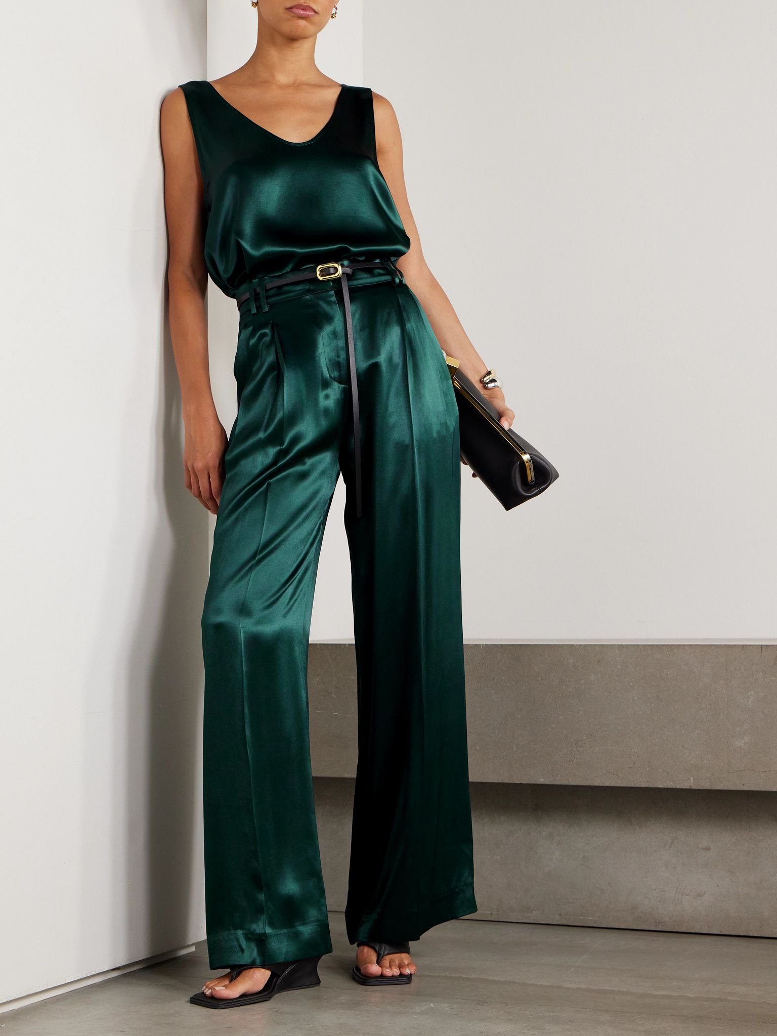 Pleated satin wide-leg pants Green - 2