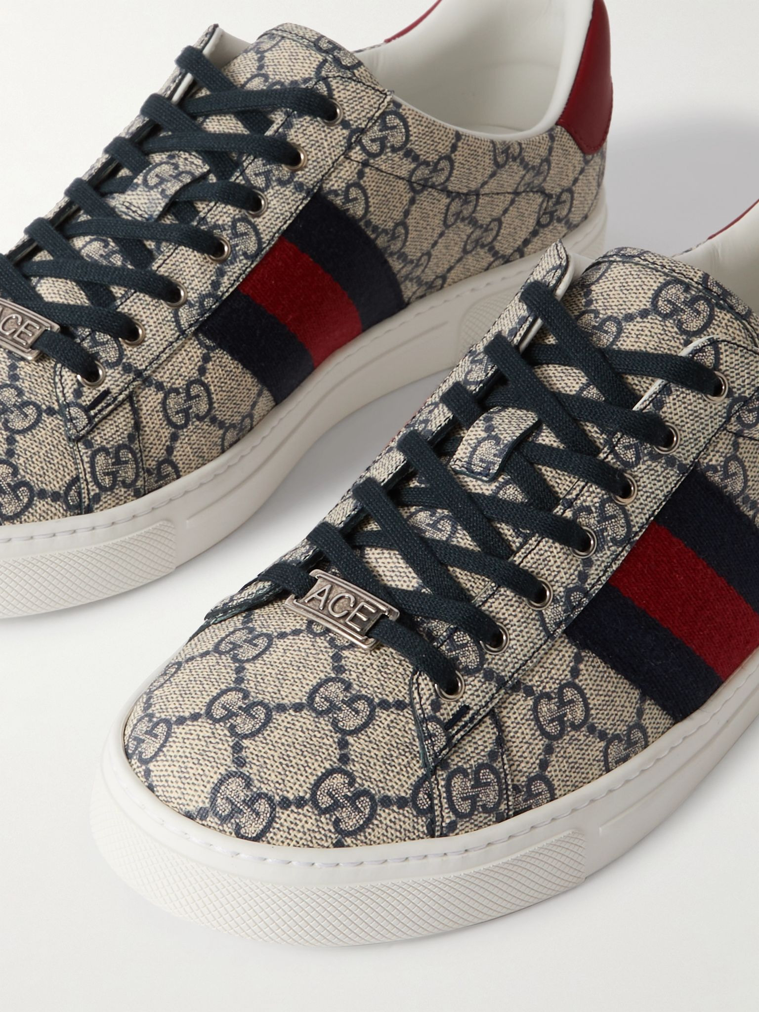 Ace Leather and Webbing-Trimmed Monogrammed Canvas Sneakers Beige - 6