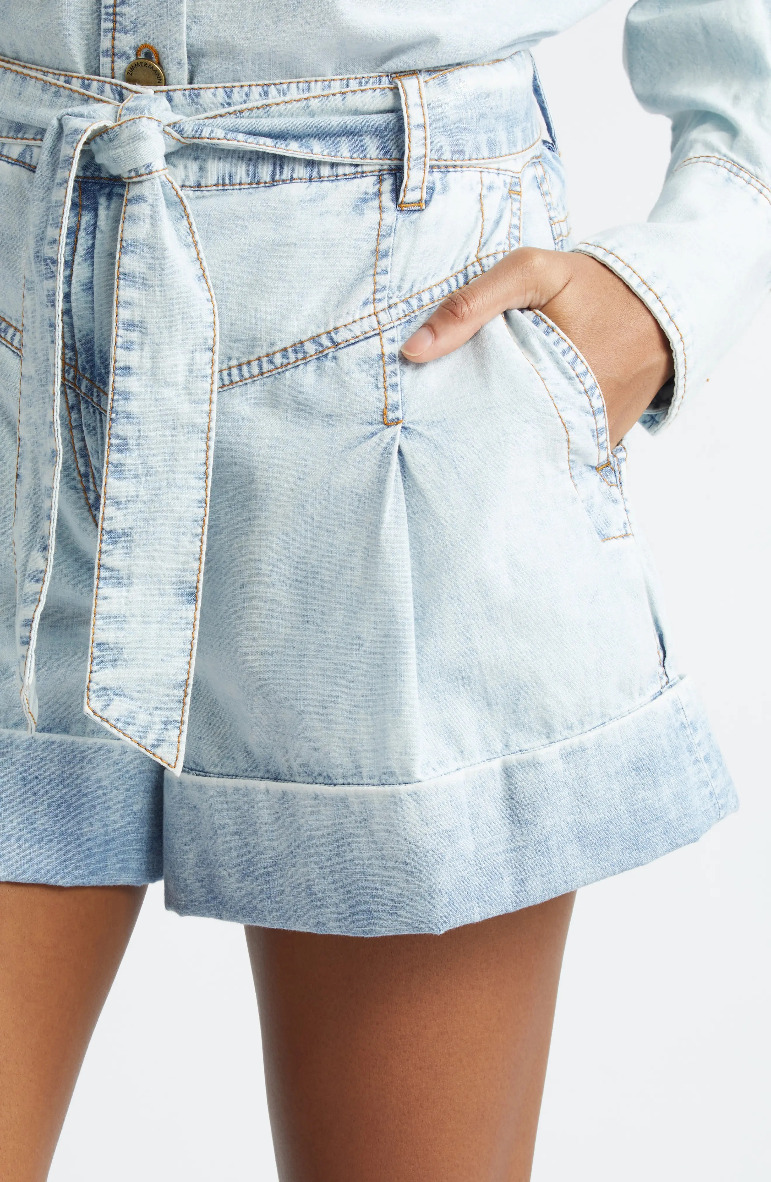 Belted Pleated Denim Shorts - 5