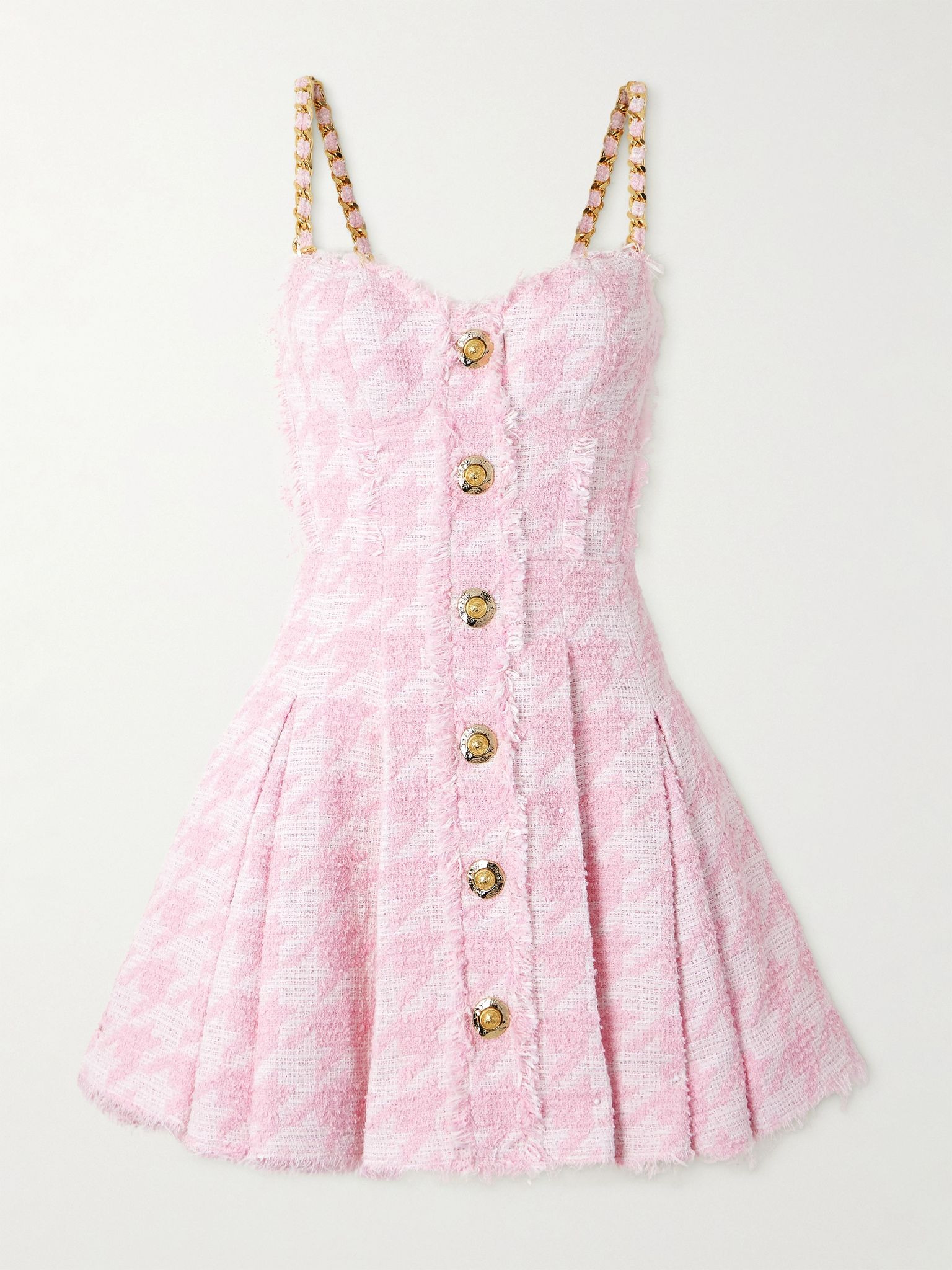 Embellished frayed houndstooth cotton-blend tweed mini dress Pink - 1