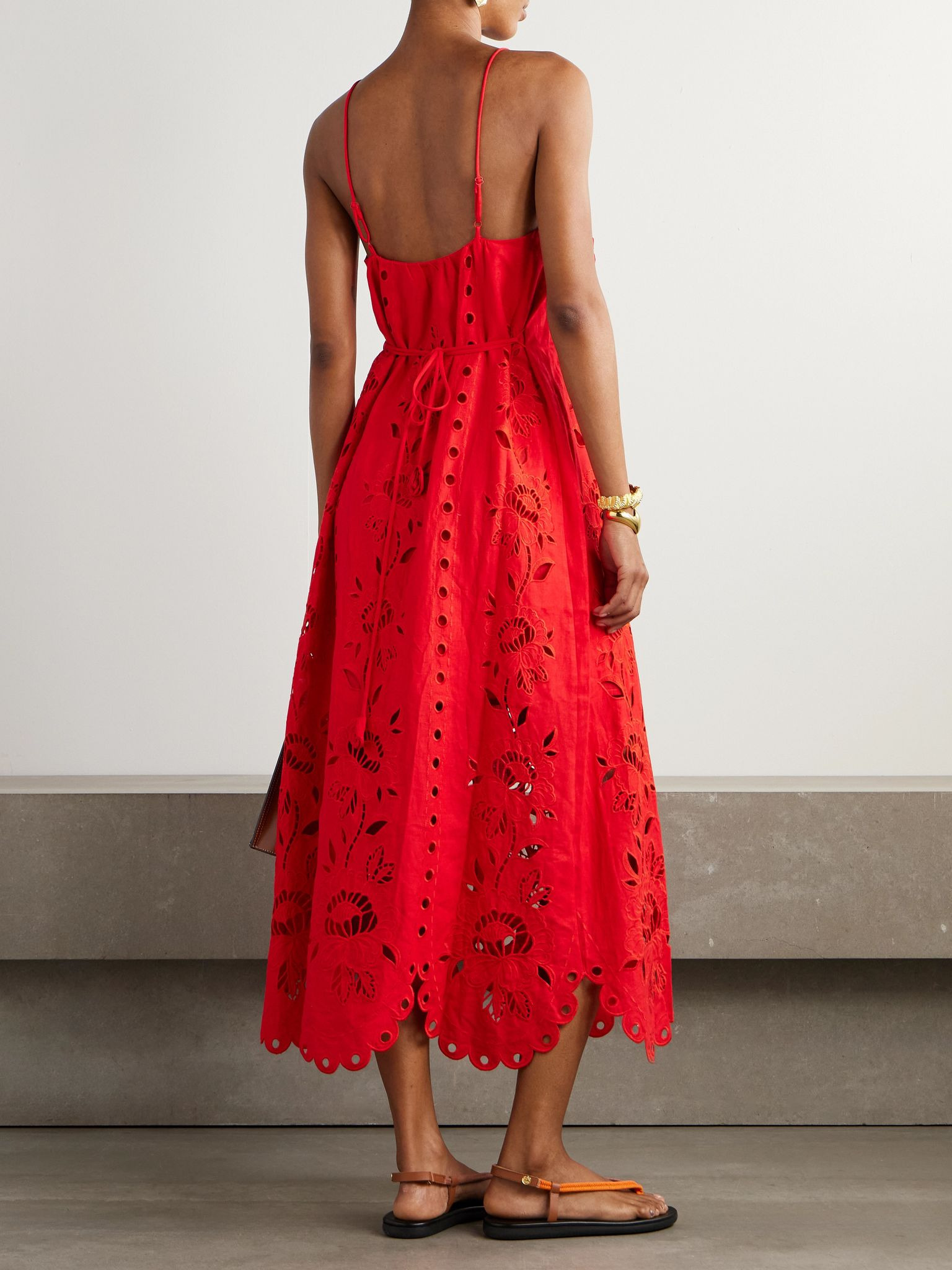 Embellished broderie anglaise linen-blend midi dress Red - 3