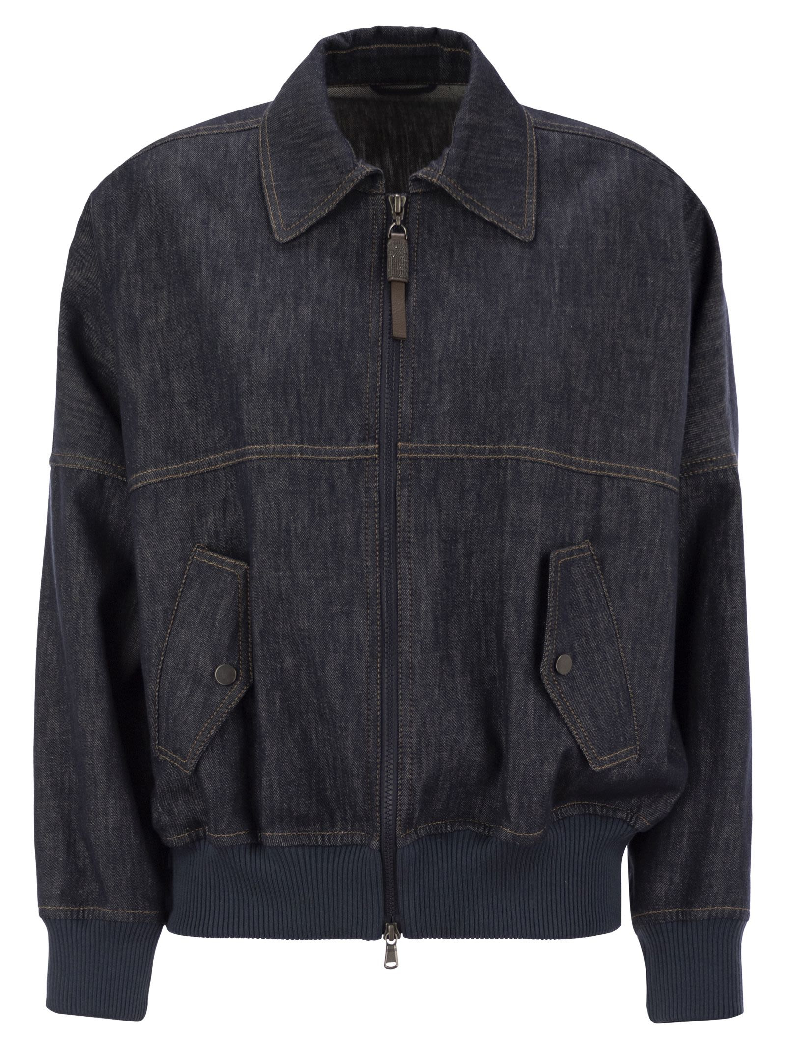 Brunello Cucinelli Women Denim-Effect Twill Bomber Jacket With Shiny Zip - 1