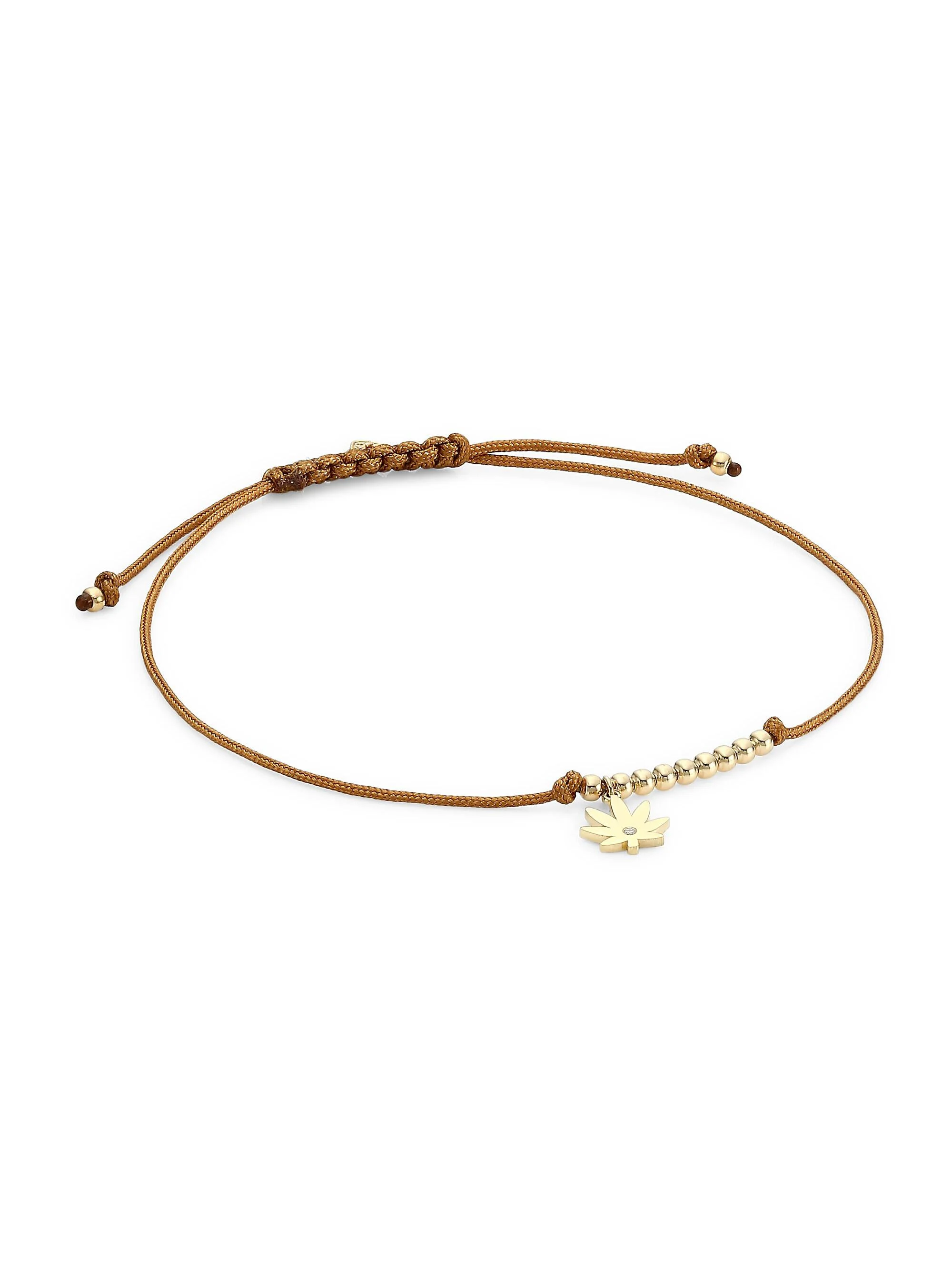Women's 14K Yellow Gold & 0.005 TCW Diamond Mary Jane Charm Tan Cord Bracelet - Gold - 1