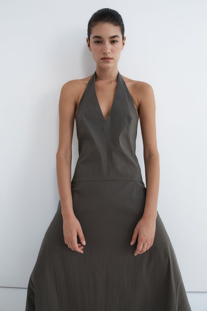 Halter Plunge Dress - Khaki - 7