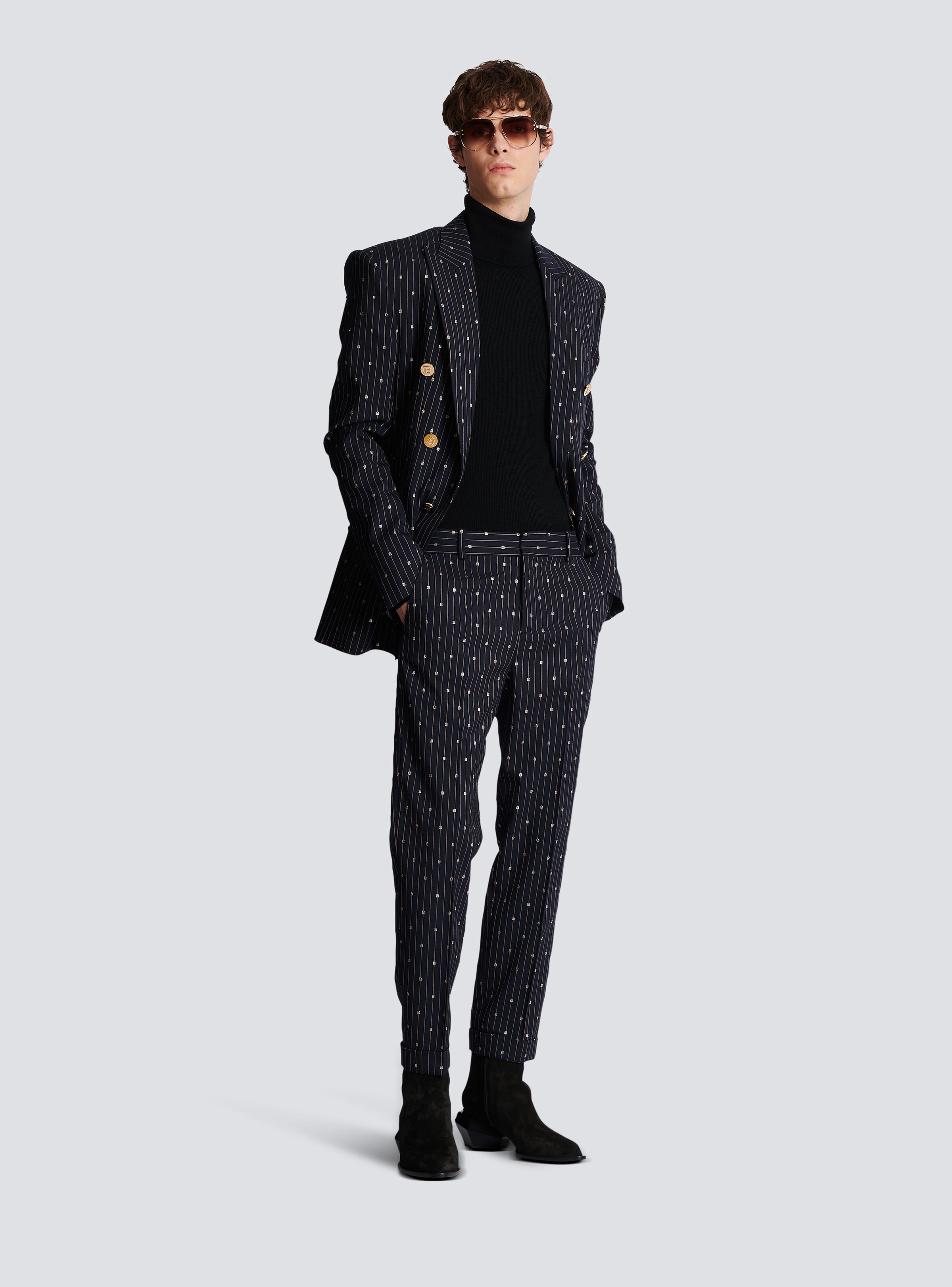 Monogrammed wool trousers with creases and thin stripes - 2