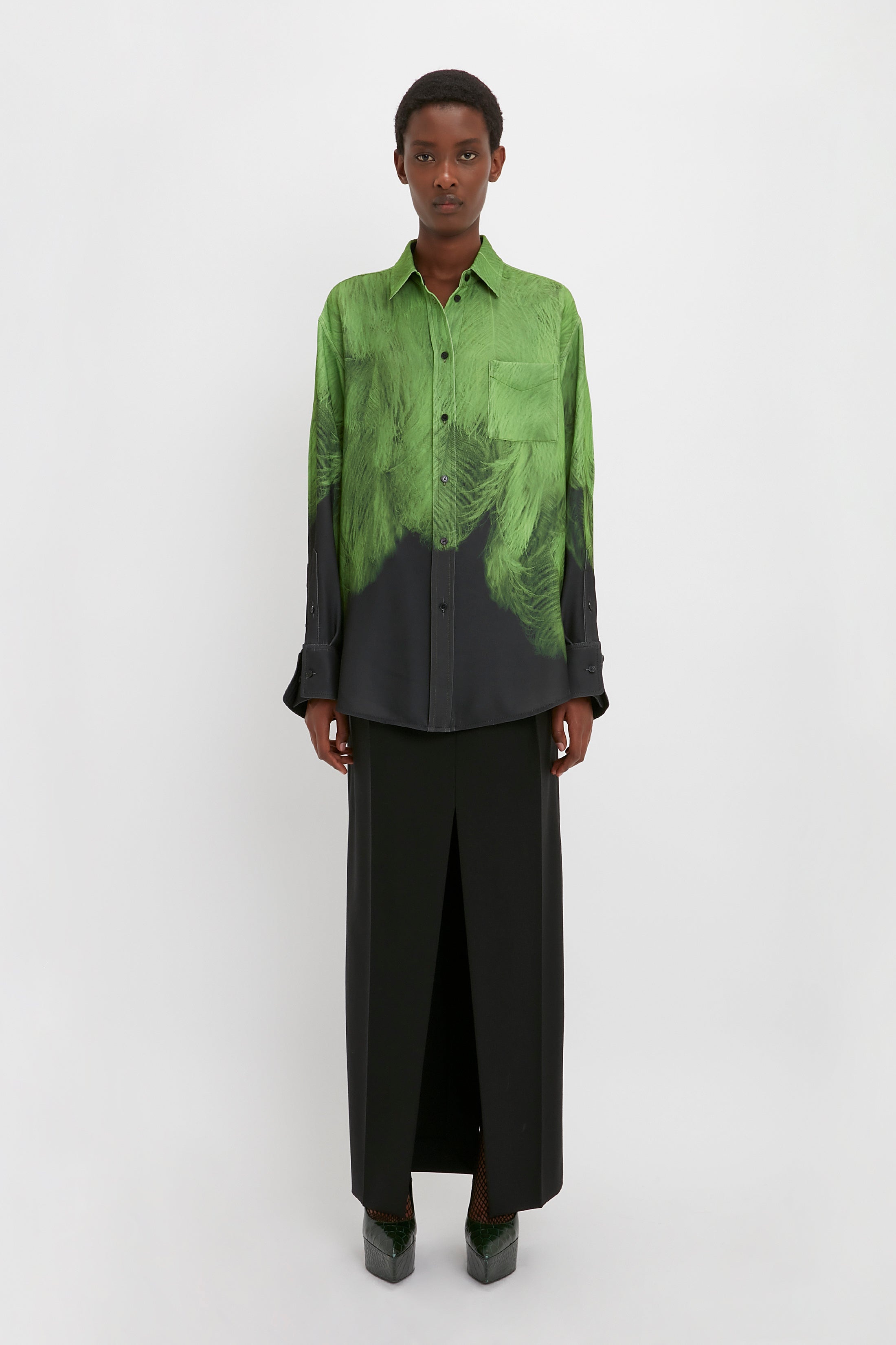 Oversized Digital Feather Print Shirt in Black-Green - 3