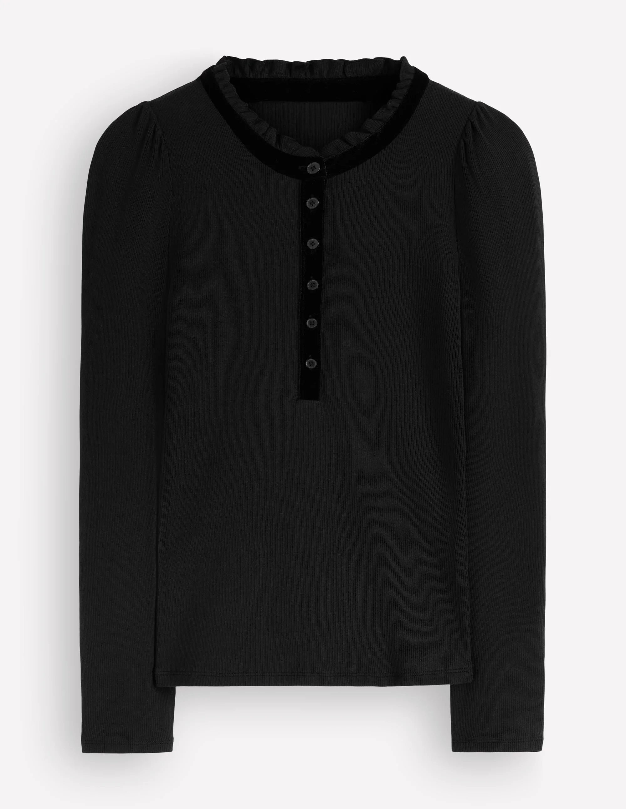 Velvet Ruffle Trim Henley Top-Black - 1