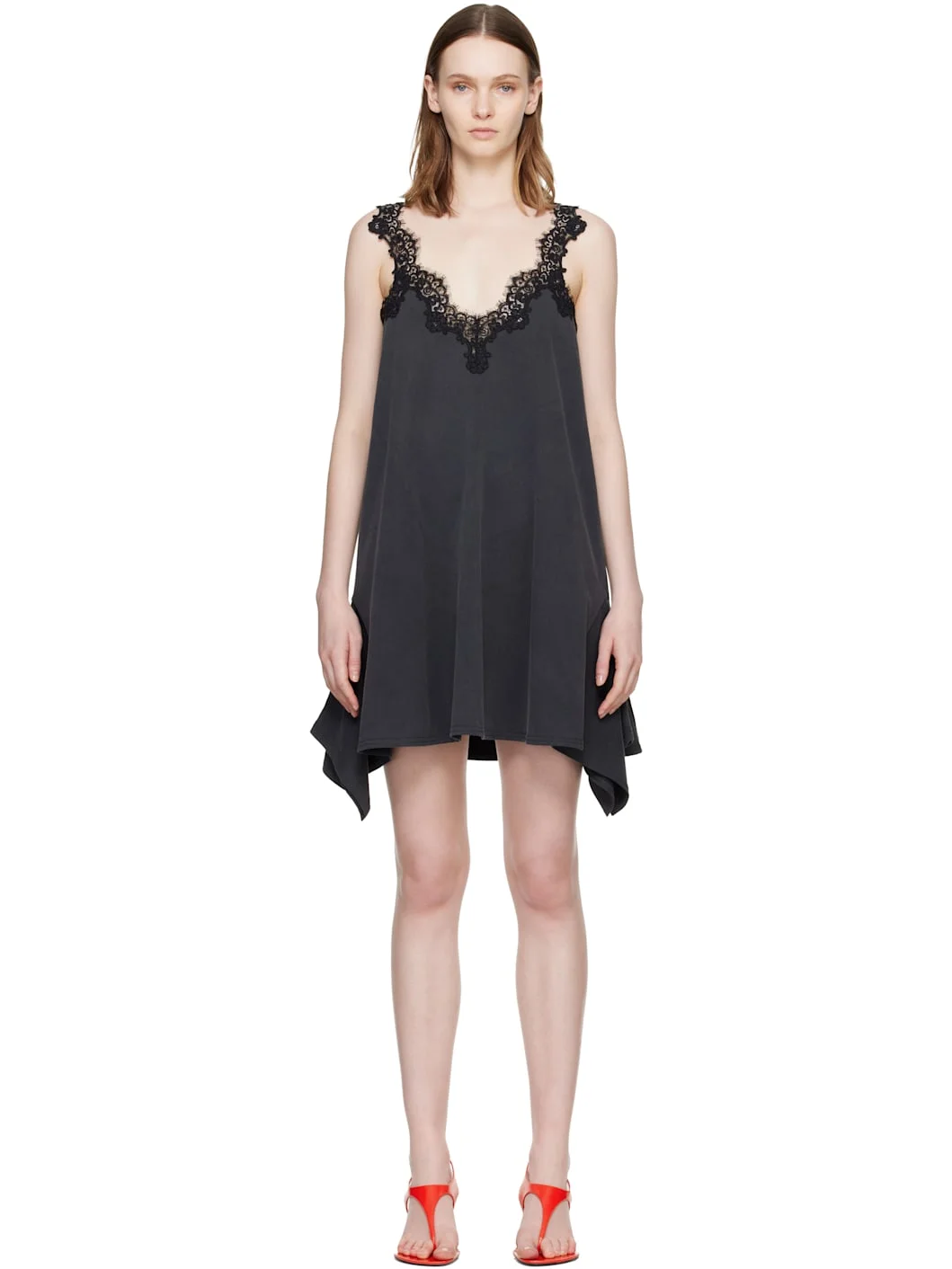Black Lace Mix Washed Jersey Cotton Minidress - 1