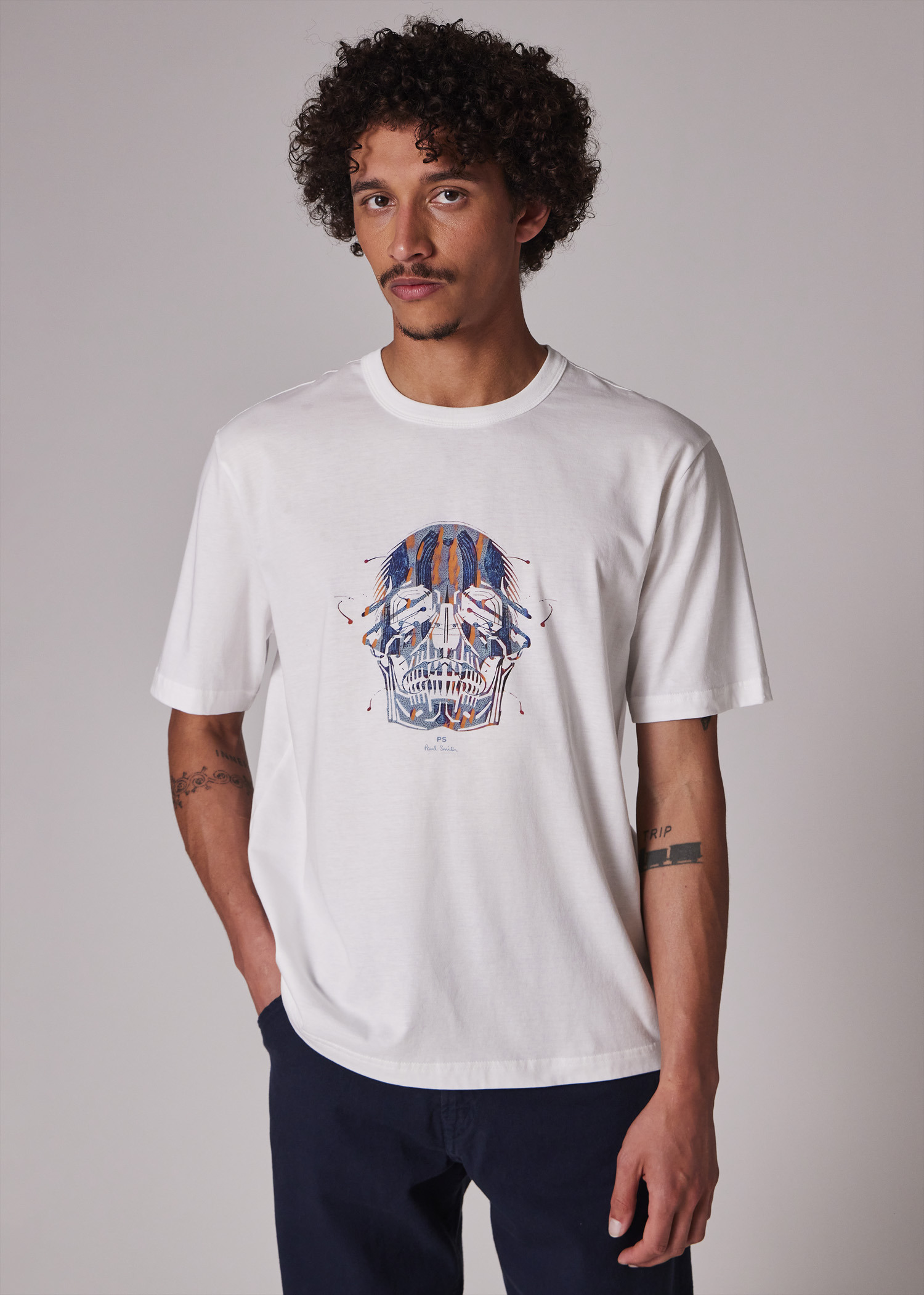White 'Painted Skull' Print T-Shirt - 4