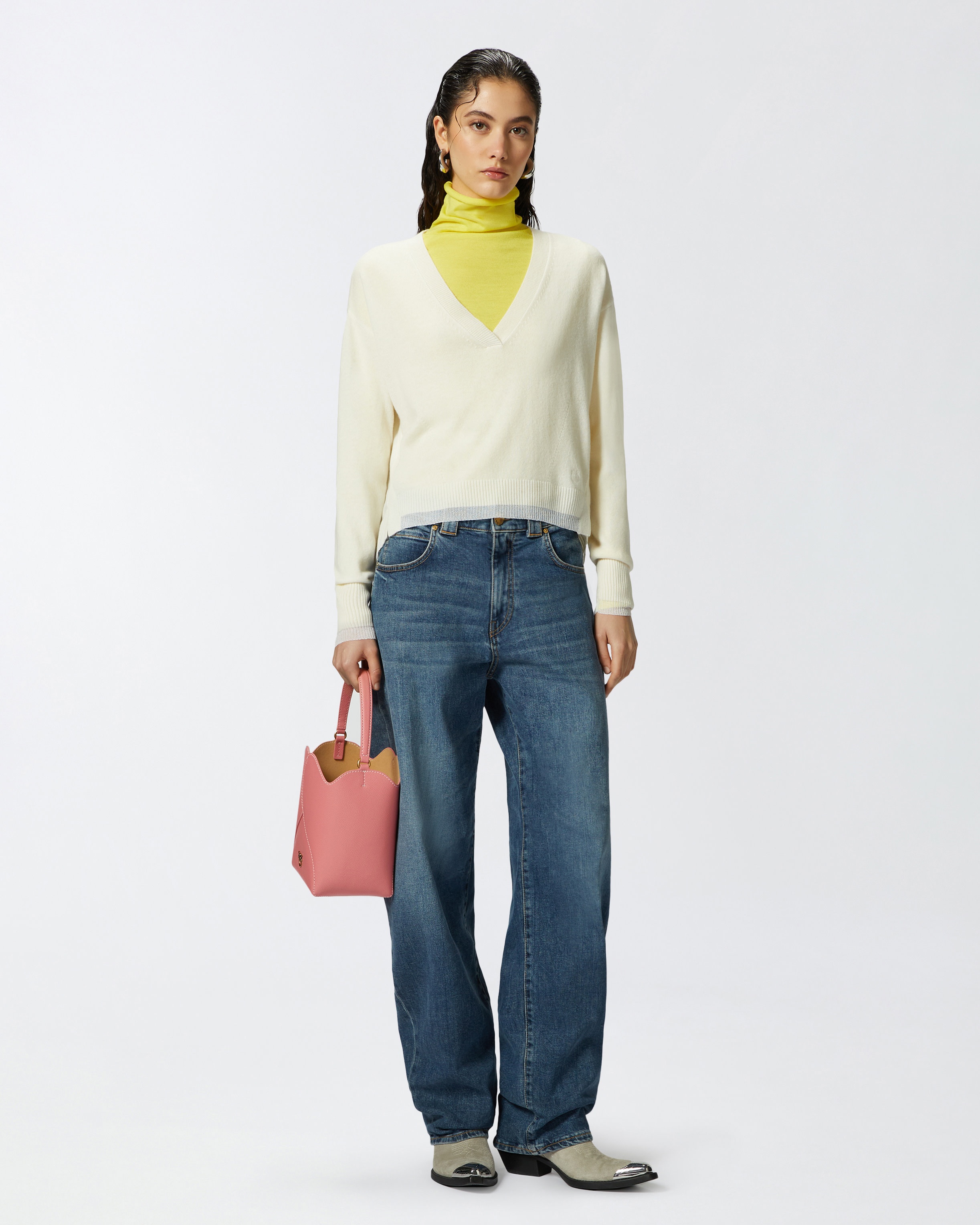 WHITE CASHMERE-BLEND V-NECK PULLOVER - 3