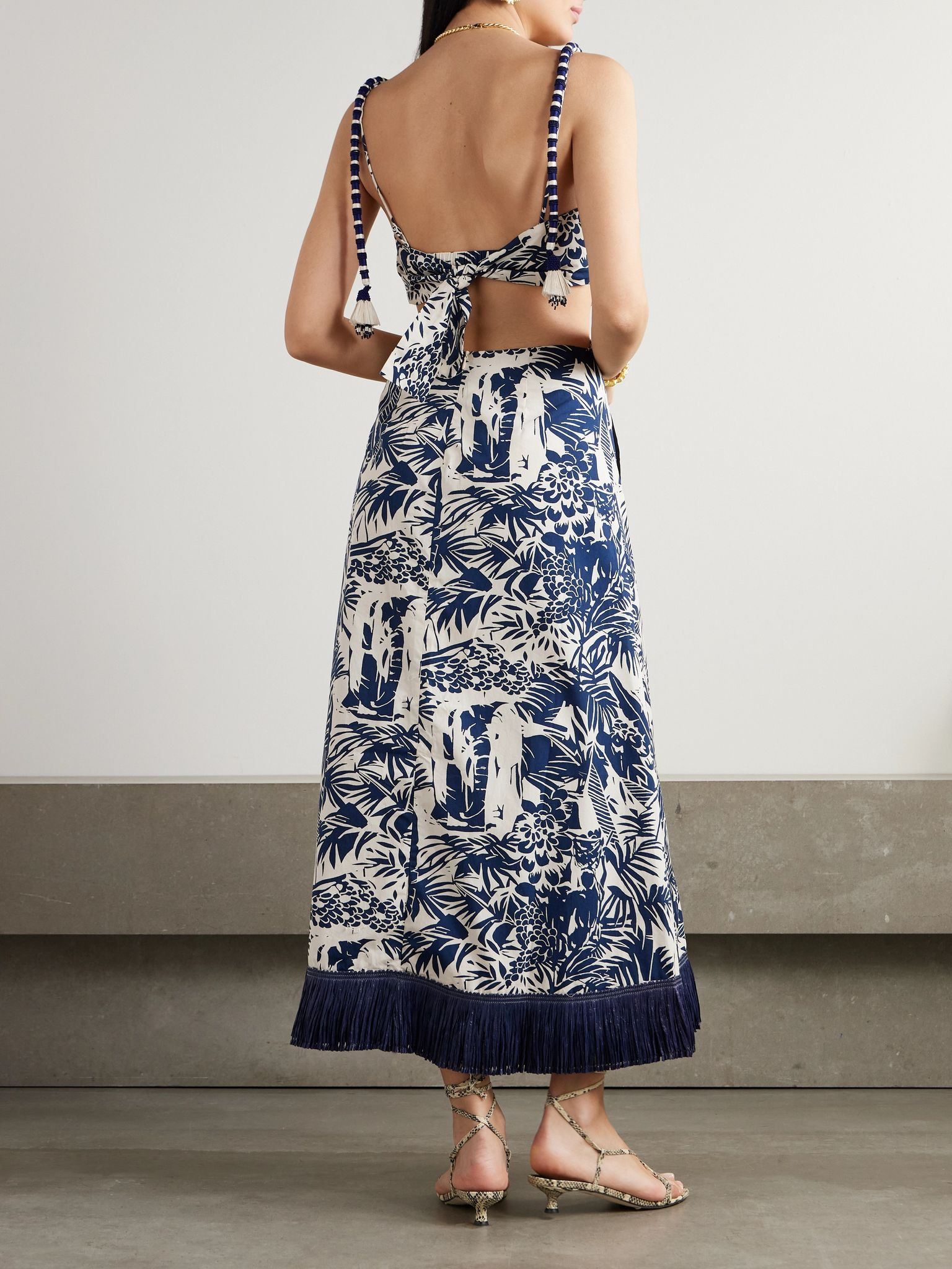 Harmony fringed embellished printed cotton-poplin midi dress Navy - 3
