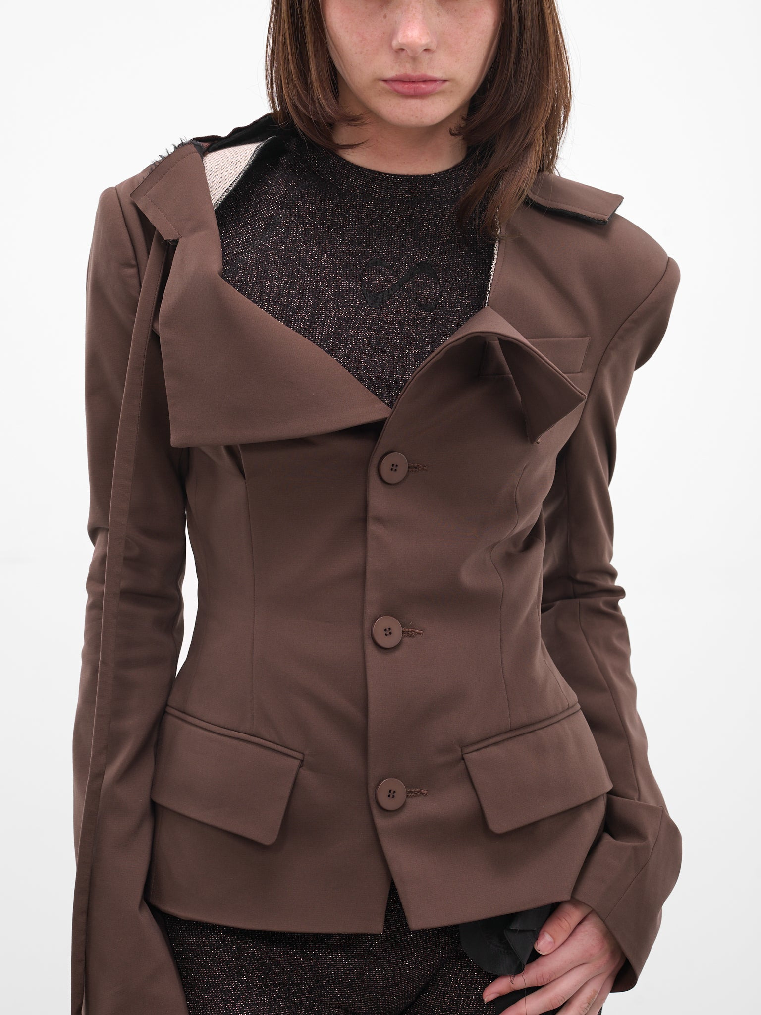Brown Deconstructed Off-Shoulder Blazer - 4