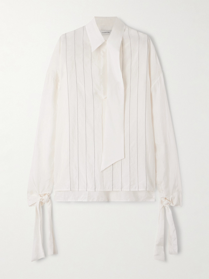 Scarf-detailed Embroidered Silk-twill Shirt 1