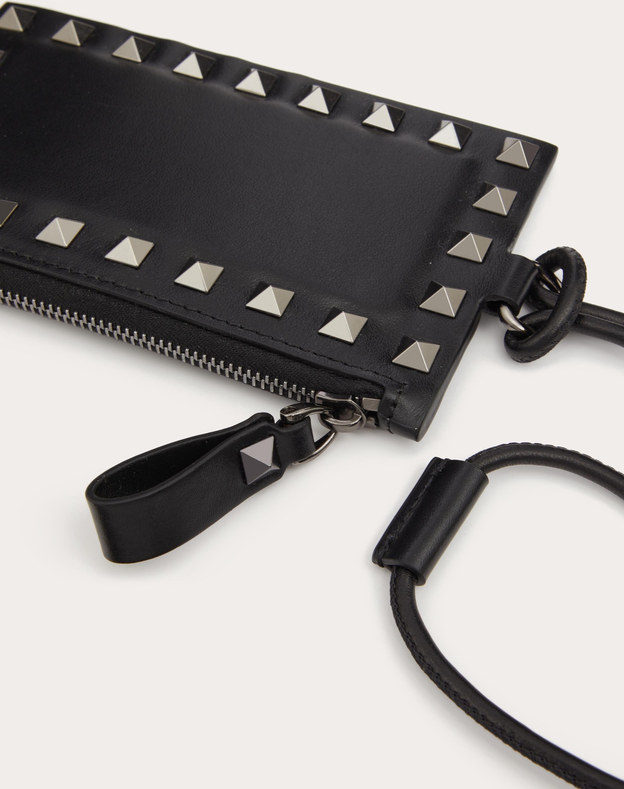 Rockstud Calfskin Card Holder With Neck Strap for Man in Black