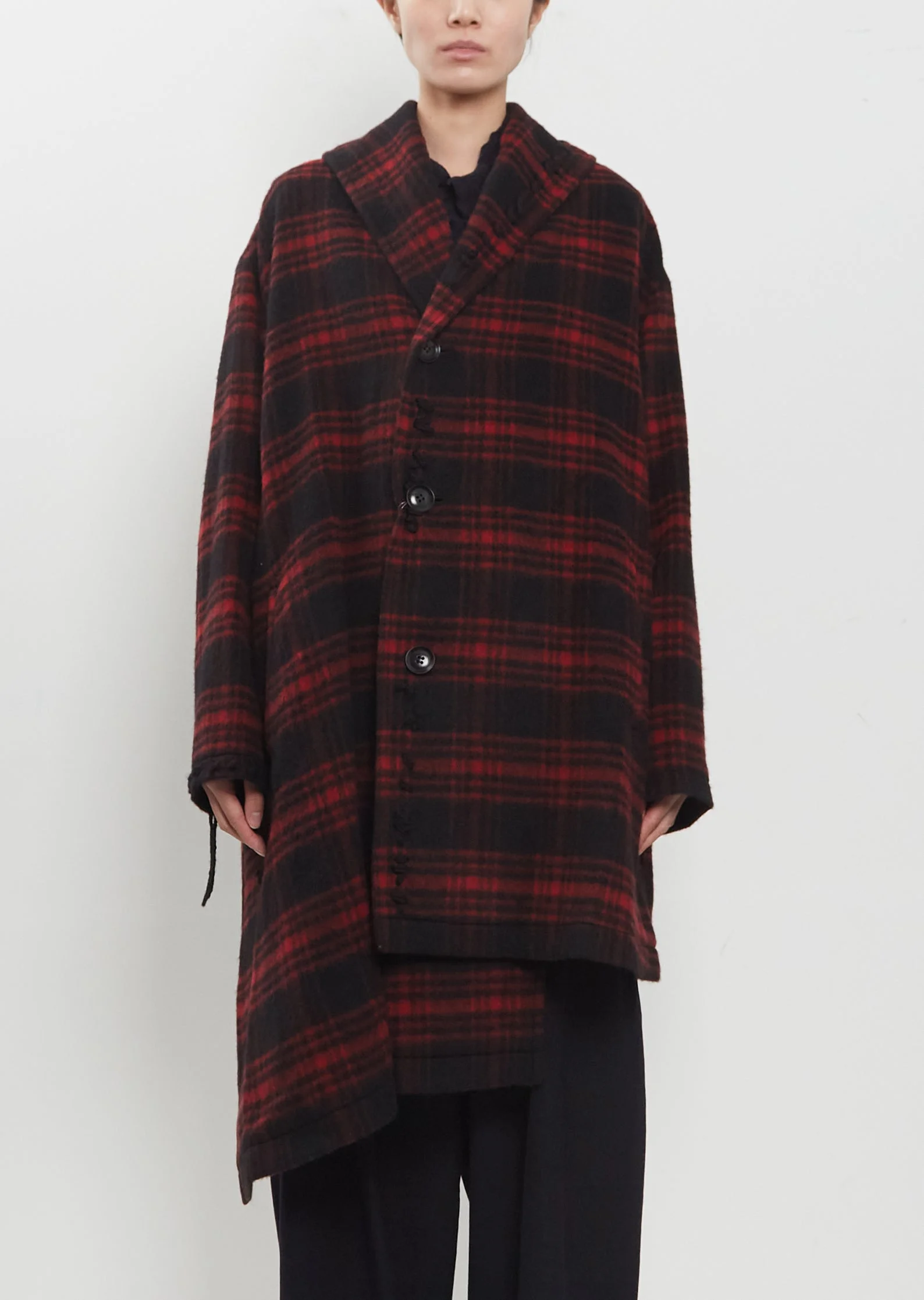 Asymmetric Half Shaggy Plaid Coat - 1