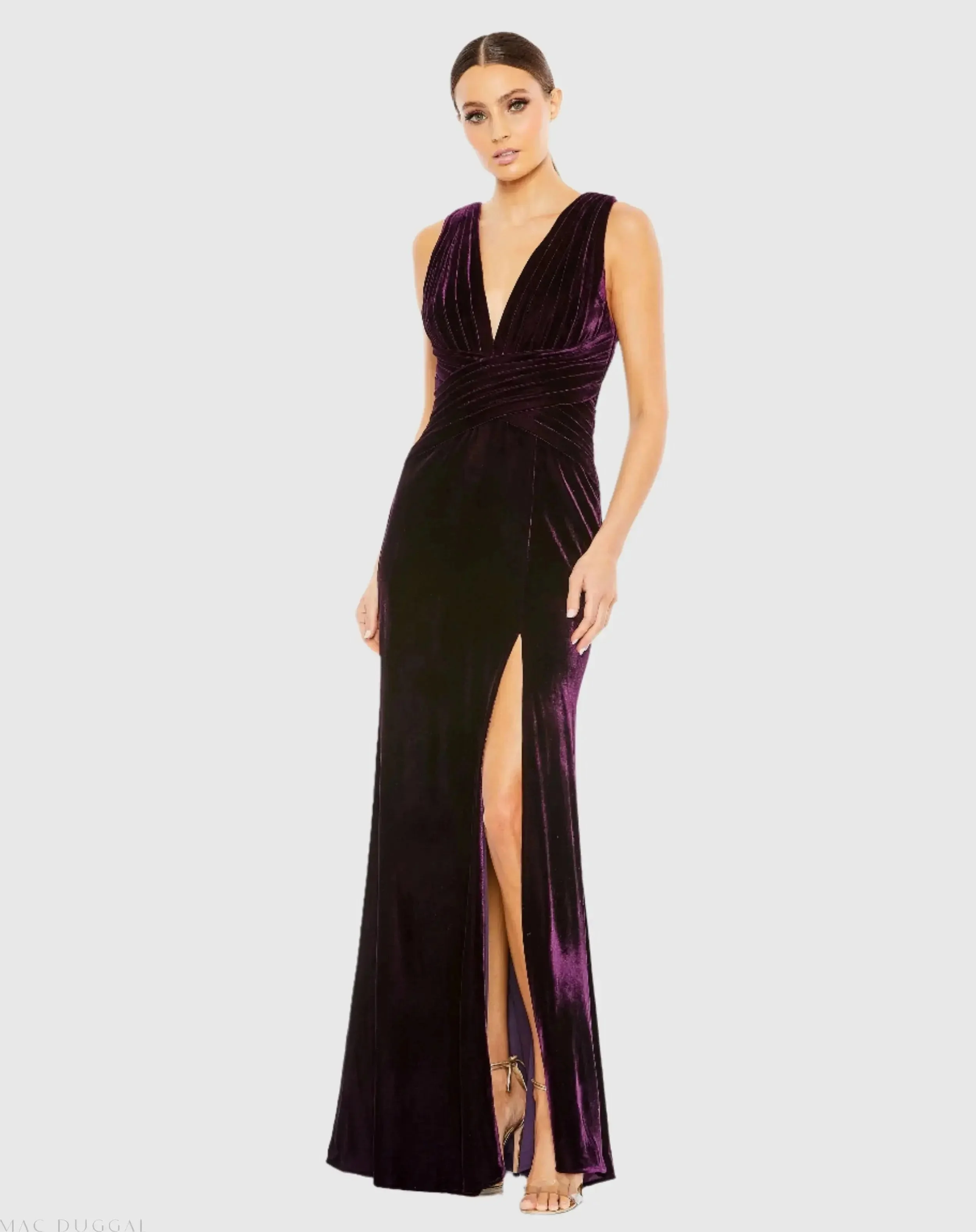 Purple Sleeveless Plunge Neck Pleated Velvet Gown - 1