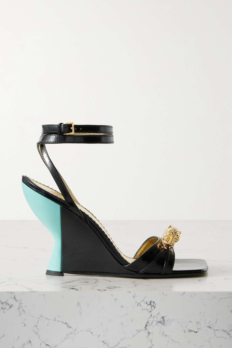 Dora embellished smooth and patent-leather wedge sandals - 1