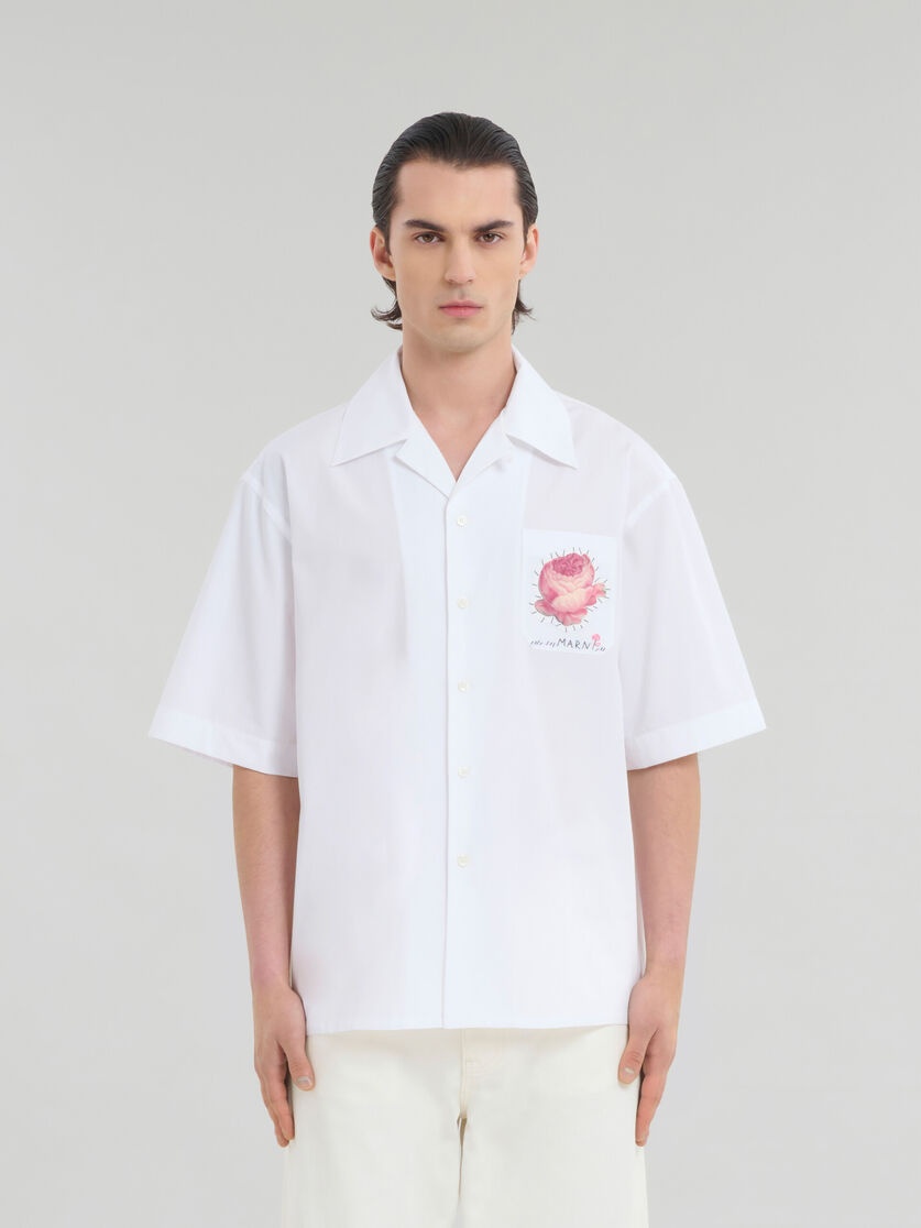 WHITE BIO POPLIN BOWLING SHIRT WITH FLOWER PATCH - 2