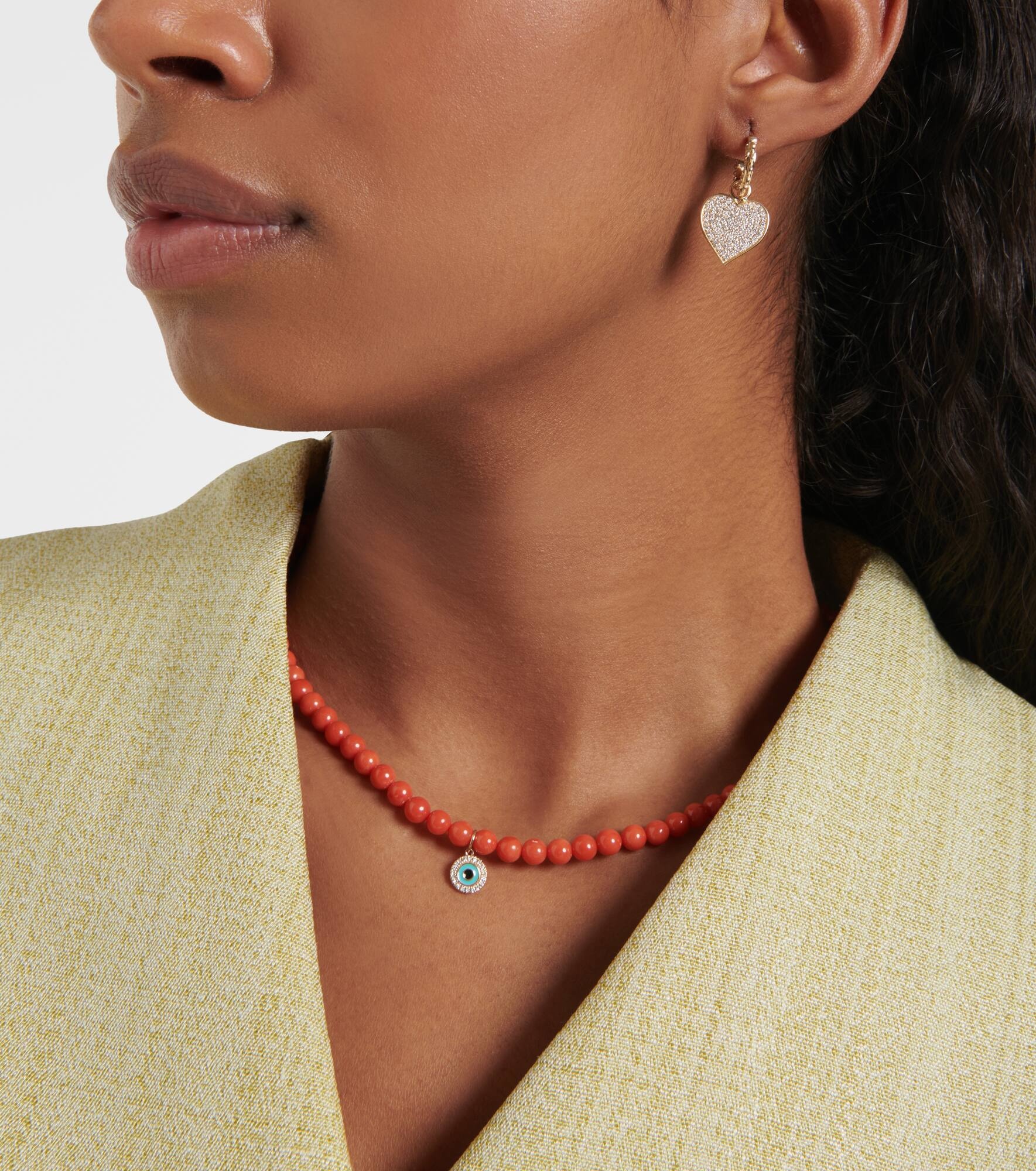 Evil Eye 14kt gold and coral beaded necklace with diamonds - 5
