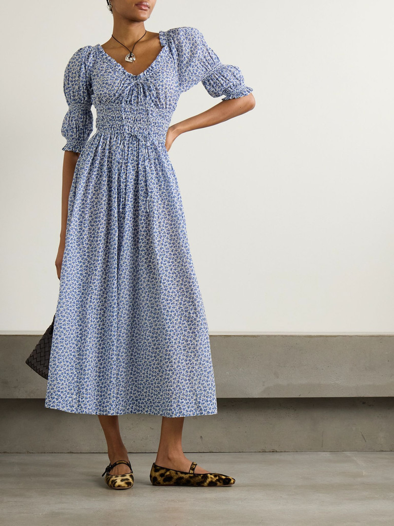DÔEN Ischia shirred floral-print organic cotton-voile midi dress Navy outlook