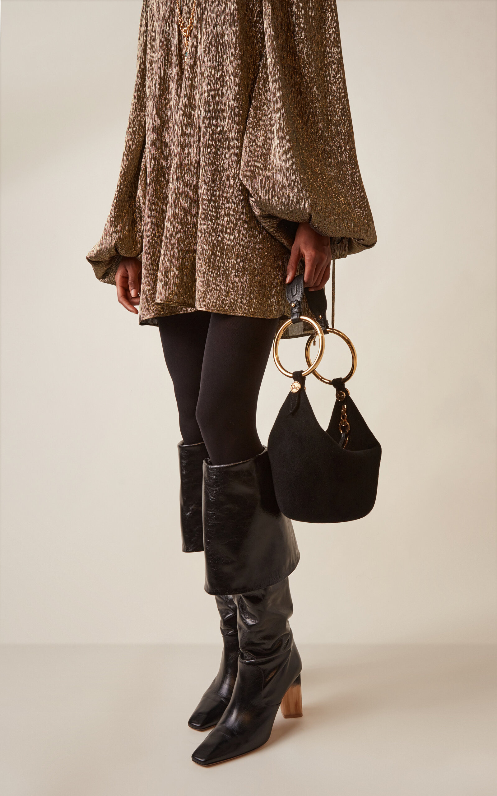 Ring-Detailed Suede Shoulder Bag black - 3