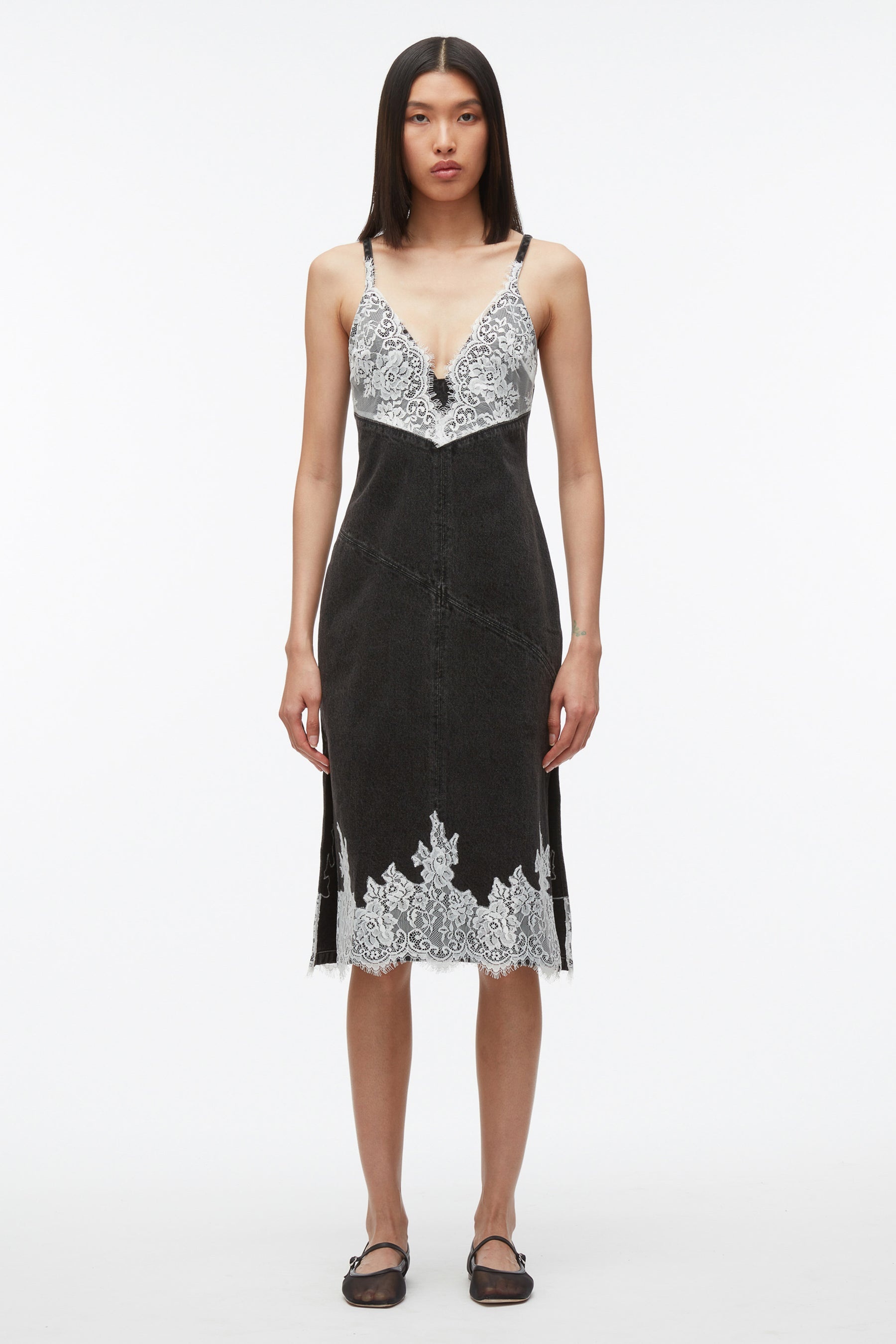 Denim Slip Dress with Lace - 3