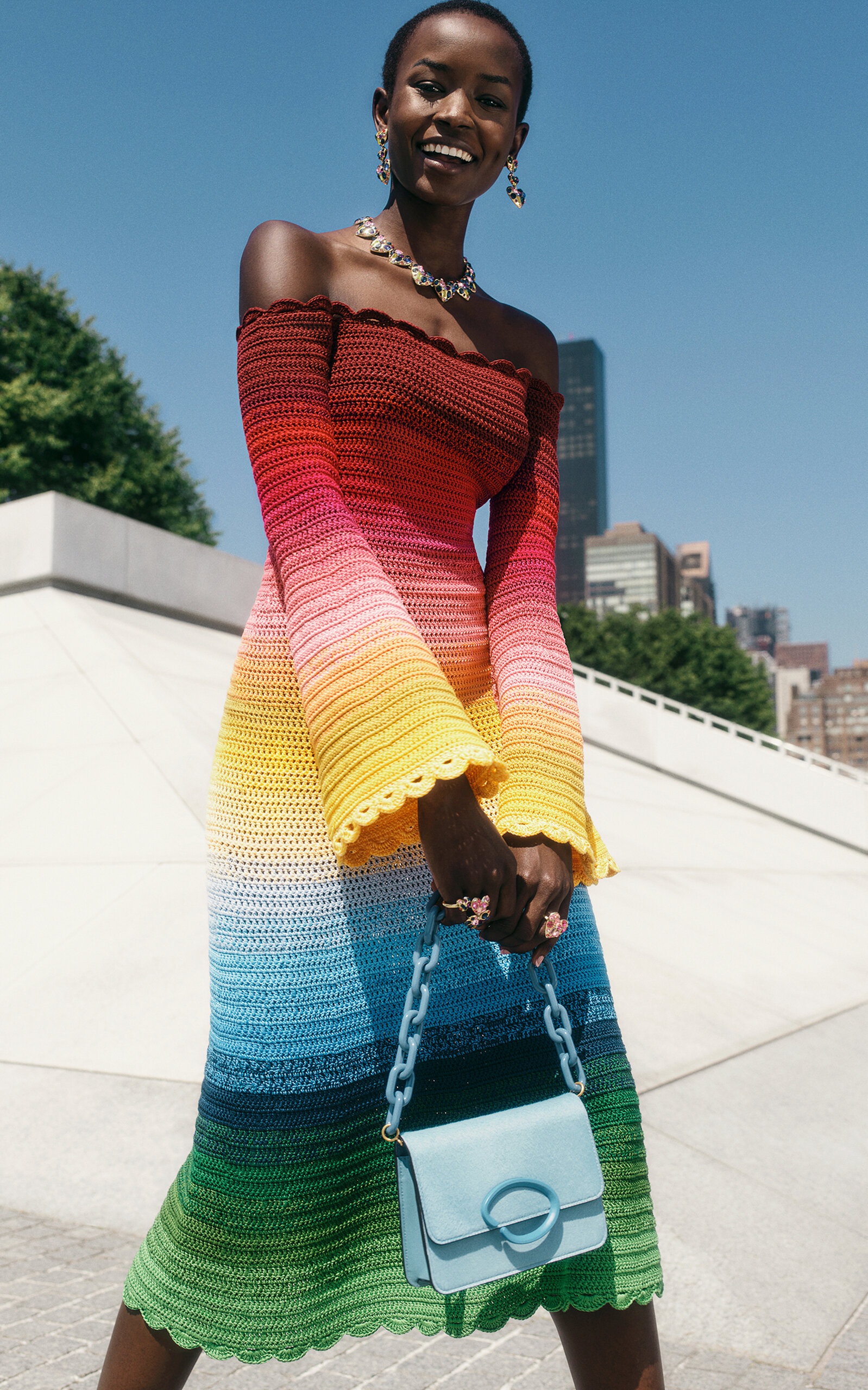 Oscar de la Renta Off The Shoulder Rainbow Ombre Crochet Knit Dress multi modaoperandi REVERSIBLE