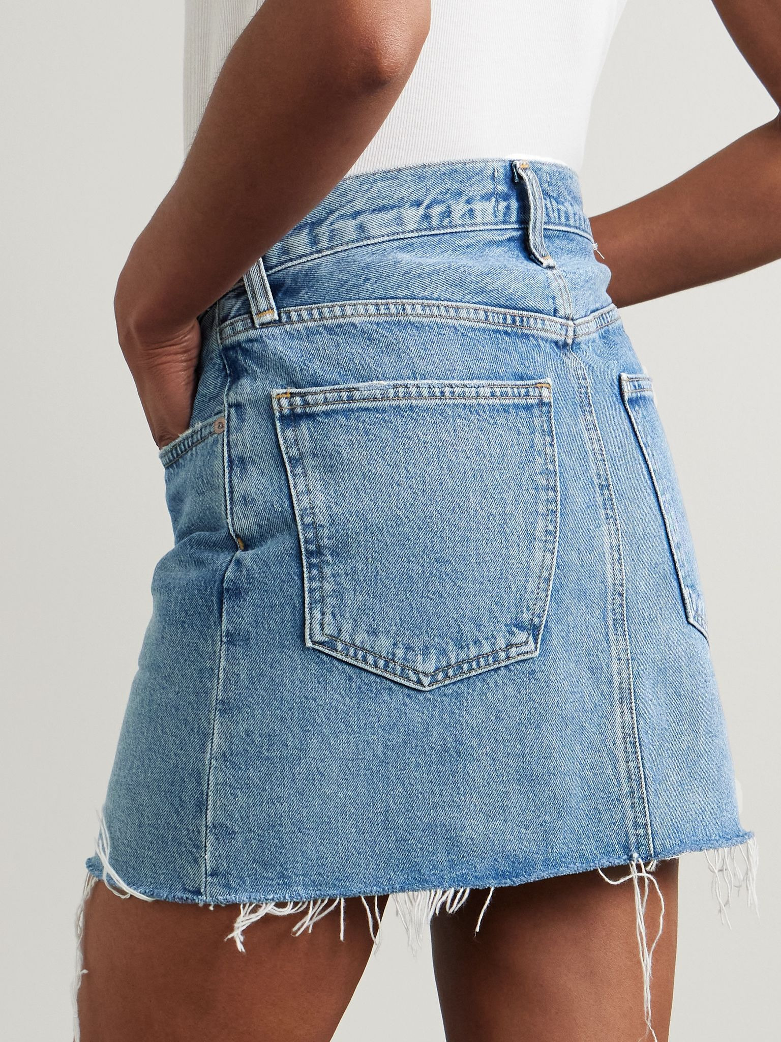 V-Waist frayed denim mini skirt Mid denim - 3