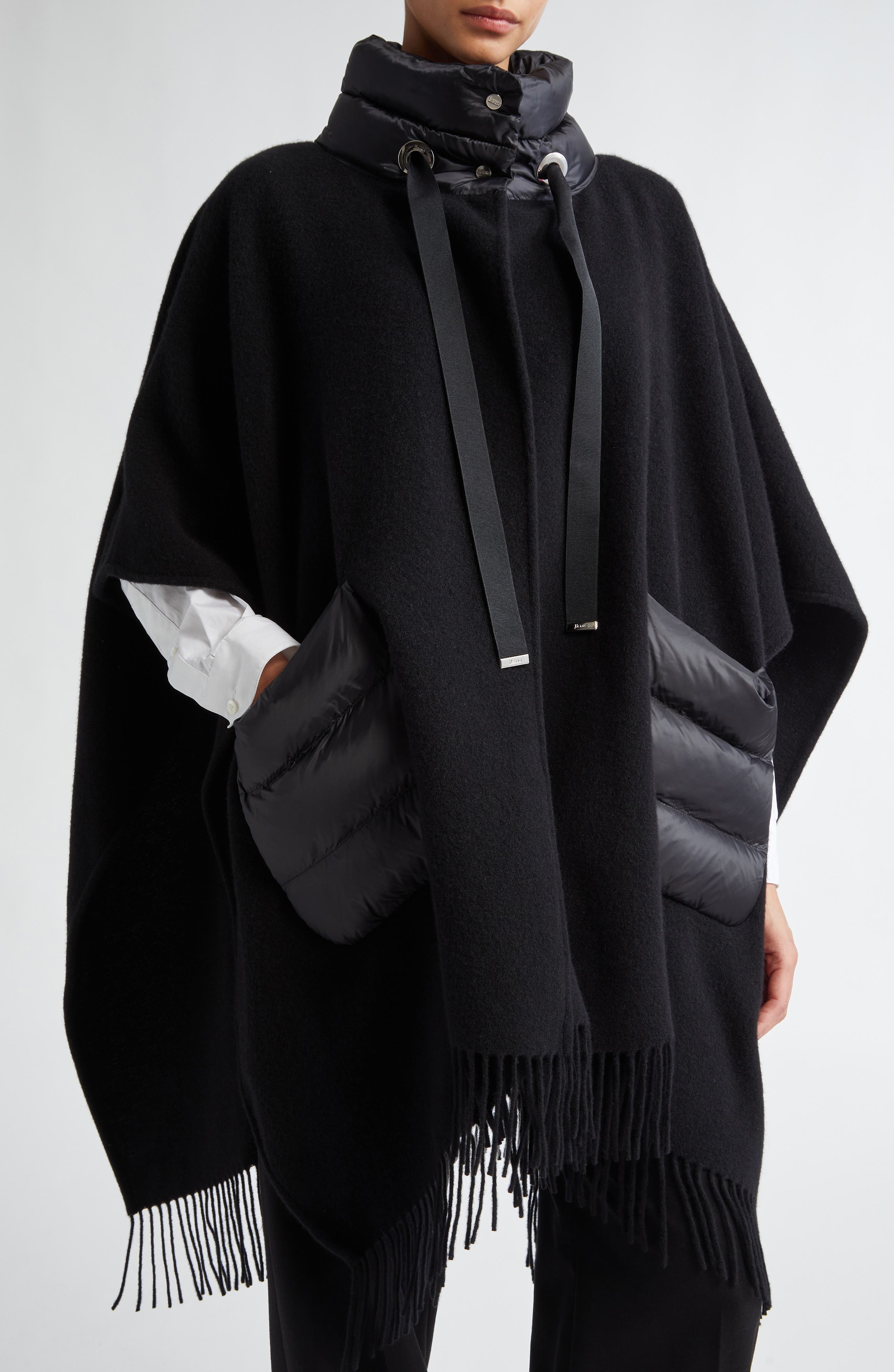 Herno Mixed Media Fringe Trim Poncho in Black at Nordstrom - 4