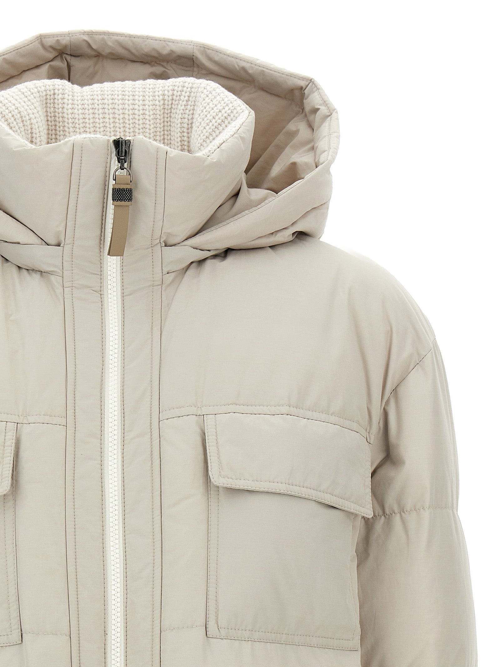 Knitted Neck Down Jacket Puffer Jackets Beige - 4
