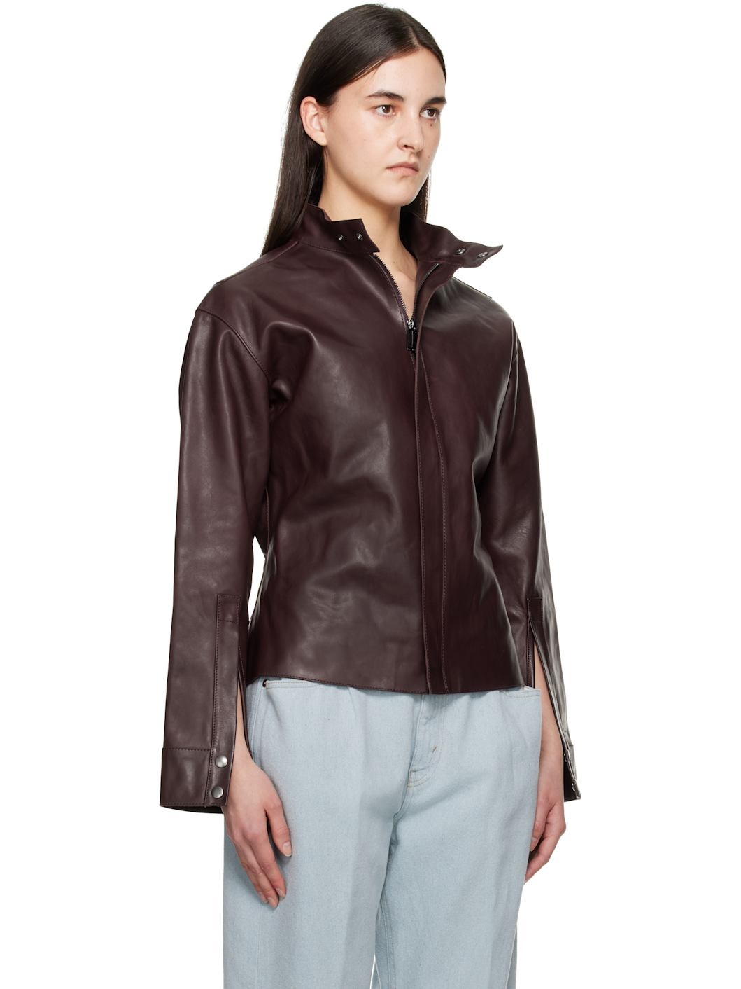 Burgundy Sculptural Leather Jacket - 2