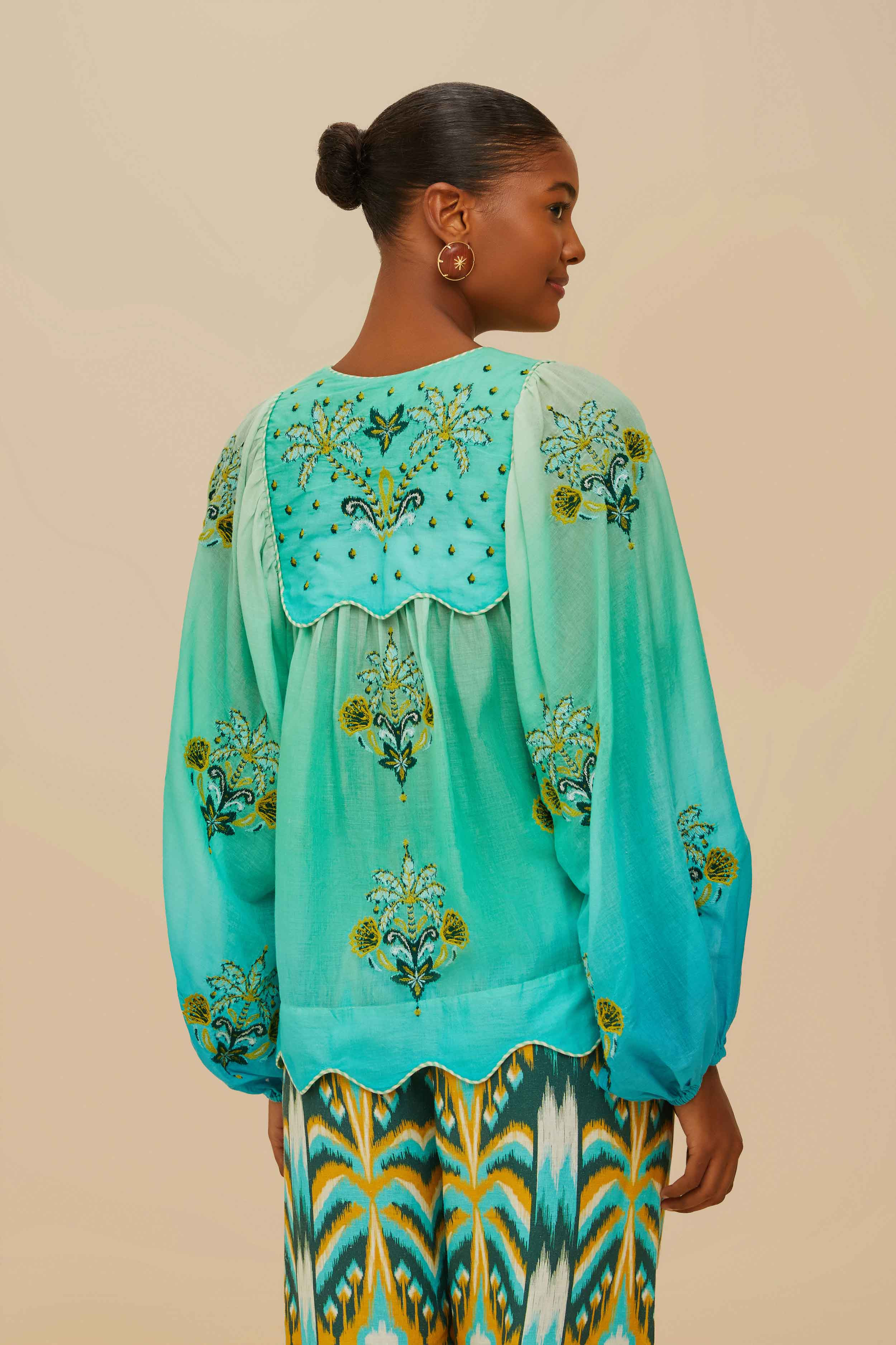 Turquoise Palm Tree Tapestry Blue Wavy Yoke Blouse - 4