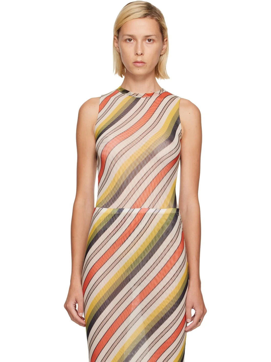 Multicolor Mesh Tank Top Printed Retro Stripe Bodysuit - 1