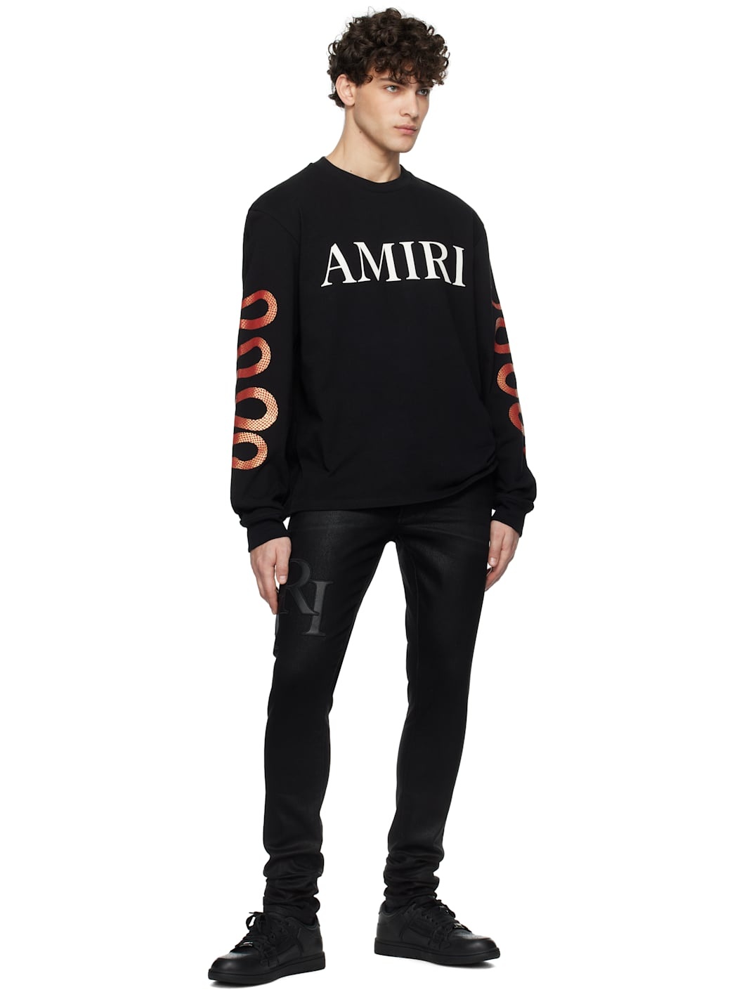 Black Waxed Staggered Logo Skinny Jeans - 4