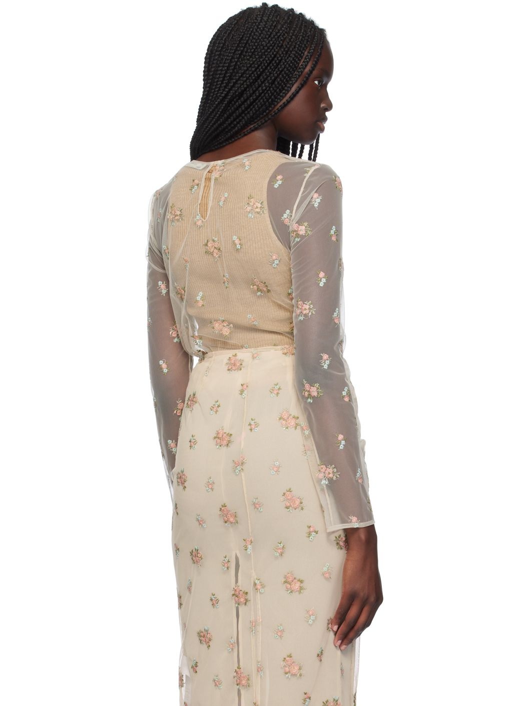 Beige Sheer Floral Blouse - 3