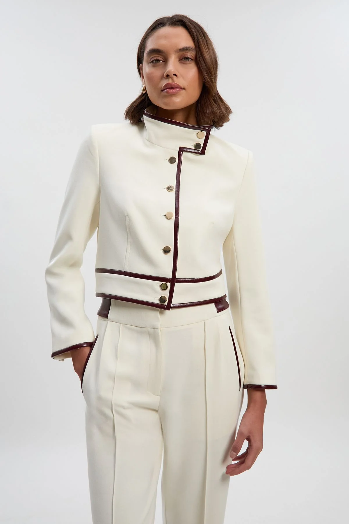 Compact Stretch Pu Mix Tailored Belted Jacket - 1
