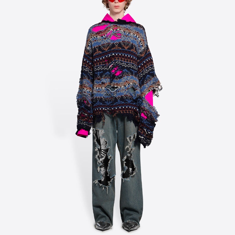 Balenciaga Destroyed Fair Isle Wool-Blend Jumper 'Blue' 662518T16028088 - 3