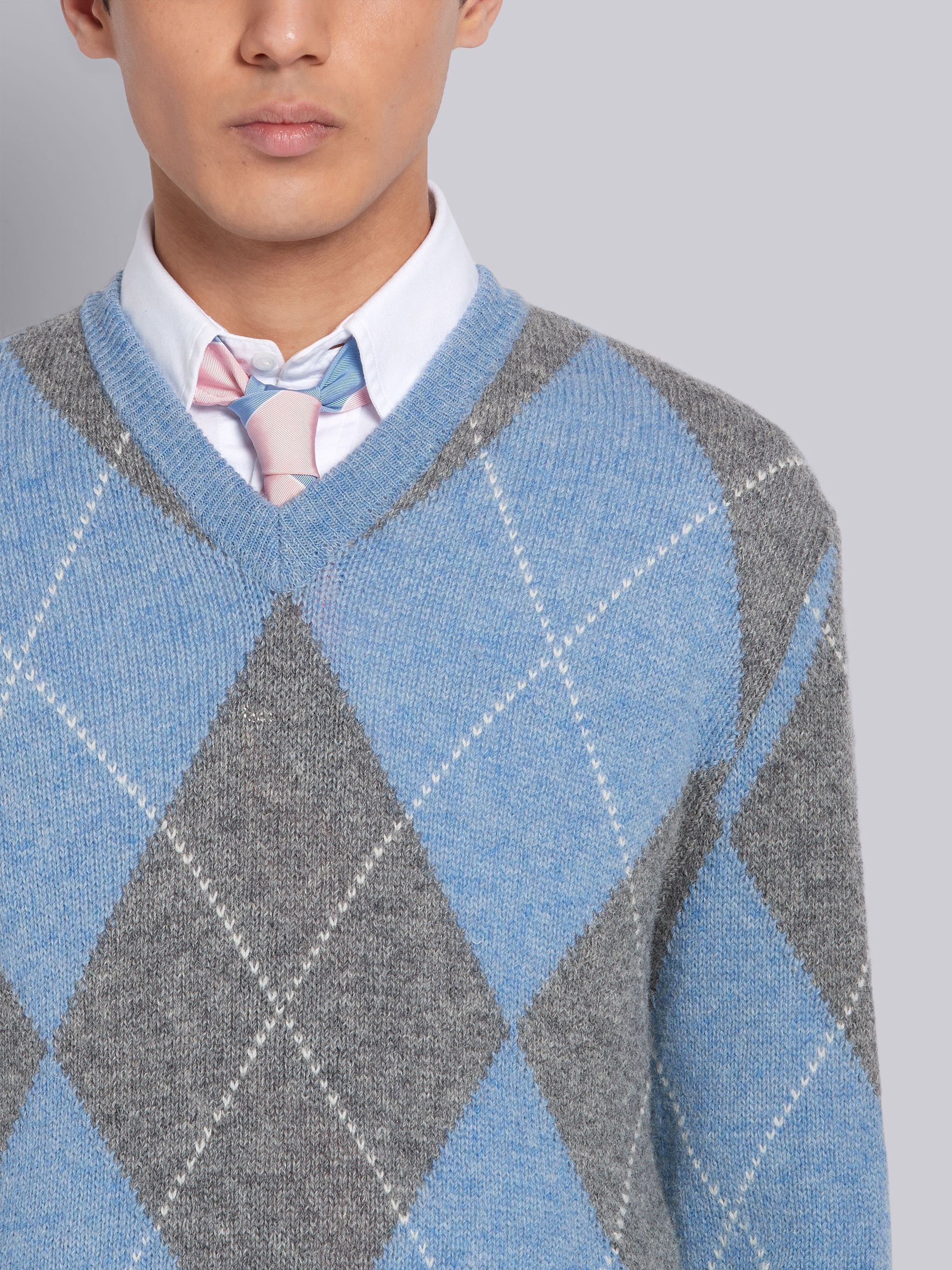 Light Blue Shetland Wool Argyle V-neck Pullover - 5