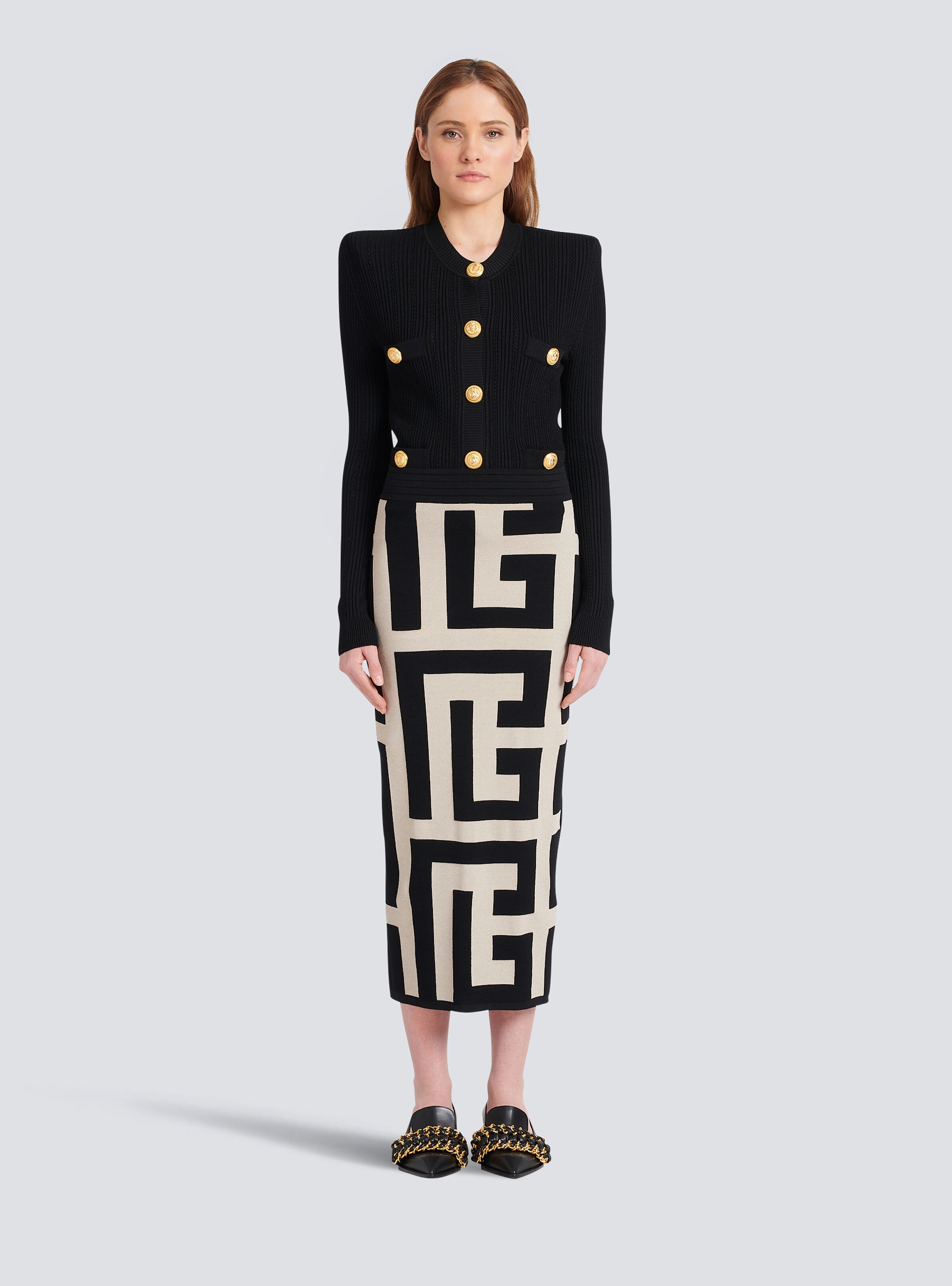 Mid-length knit skirt with maxi Balmain monogram print - 3