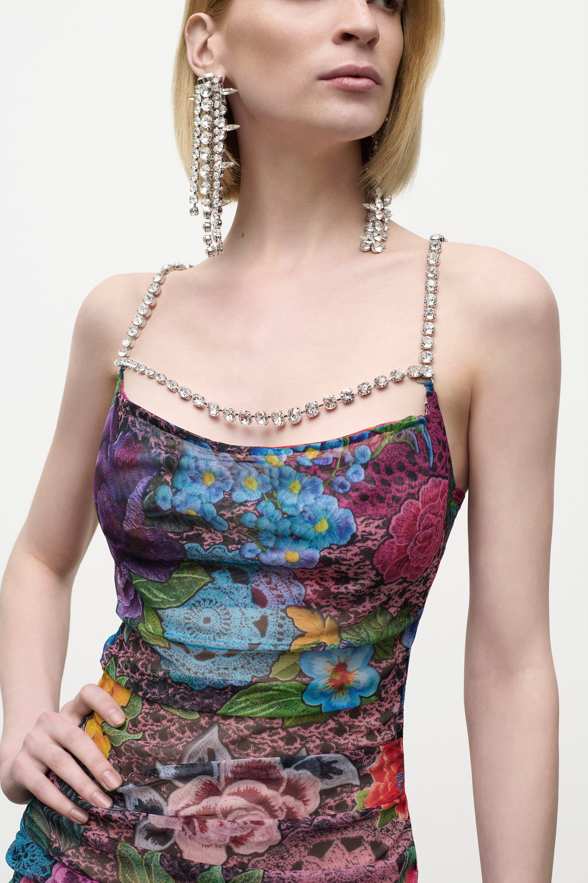 CRYSTAL EMBELLISHED PRINTED TULLE MINI DRESS - 5
