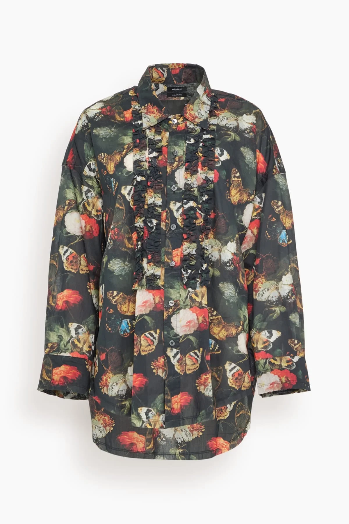 Drop Neck Ruffle Shirt in Black and Red Multi Floral Butterfly - 1
