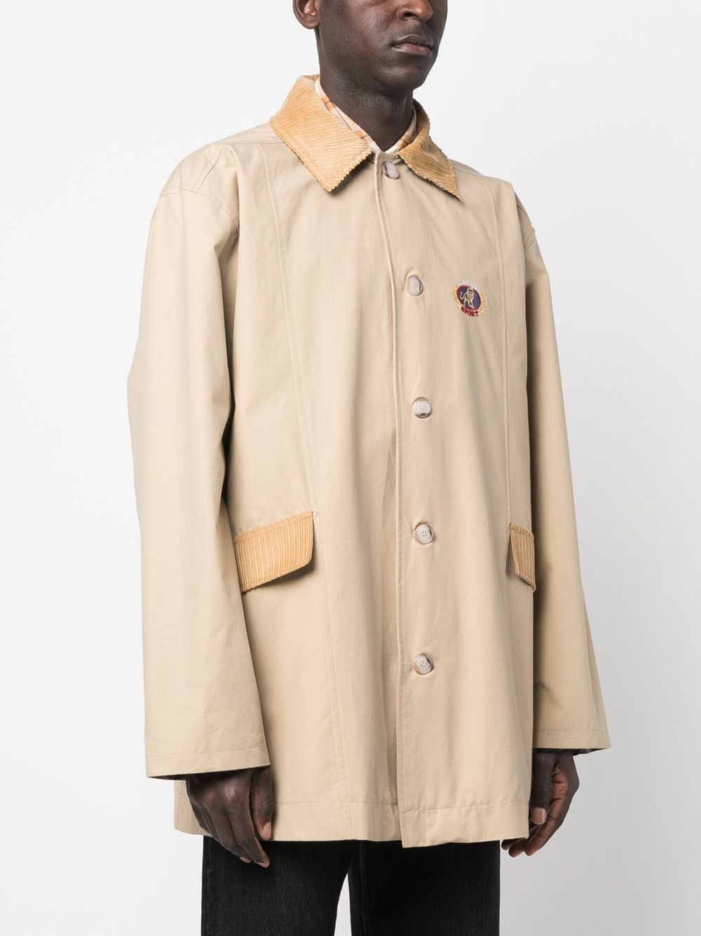 corduroy-trims buttoned trench coat - 3